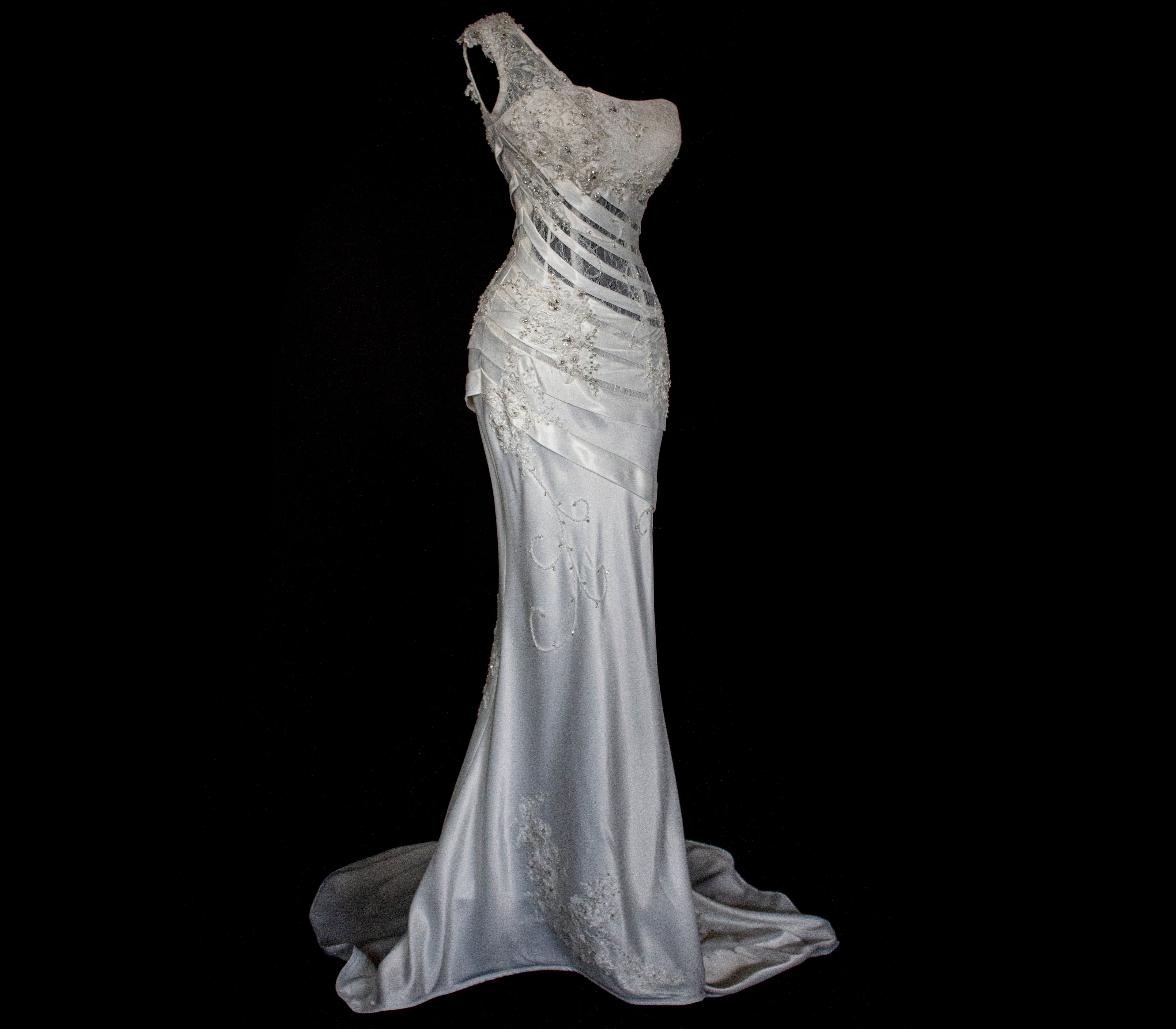 328 - SENSUAL Y2K VINTAGE BRIDAL MERMAID: SHEER ONE-SHOULDER STRETCH SATIN WITH EMBROIDERY