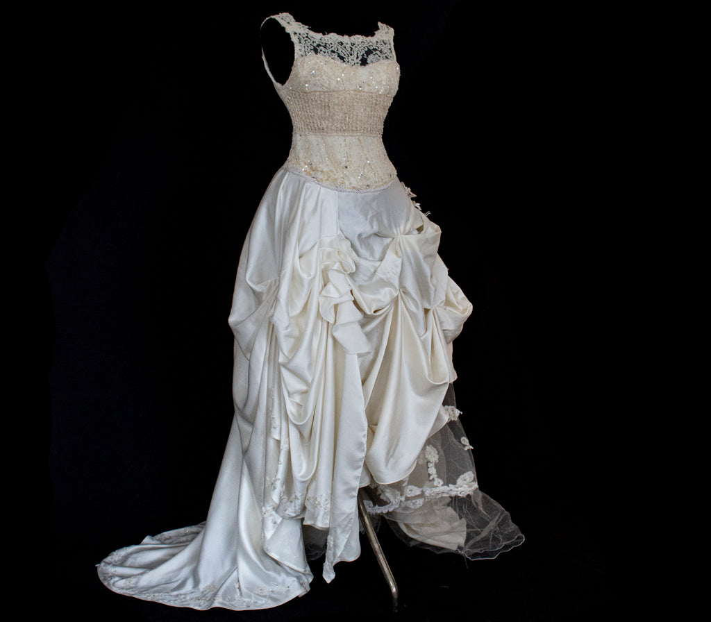 337 - IVORY CHAMPAGNE UPCYCLED COUTURE WEDDING DRESS: MIXED VINTAGE SILKS WITH HAND-EMBROIDERED LACE & FLORAL RAMAGE - Vague atelier