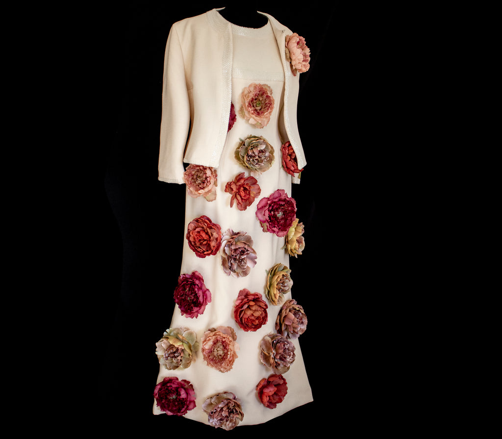 326 - SUSTAINABLE VINTAGE BRIDAL SET: WOOL CREPE DRESS & JACKET WITH COLORFUL PEONIES