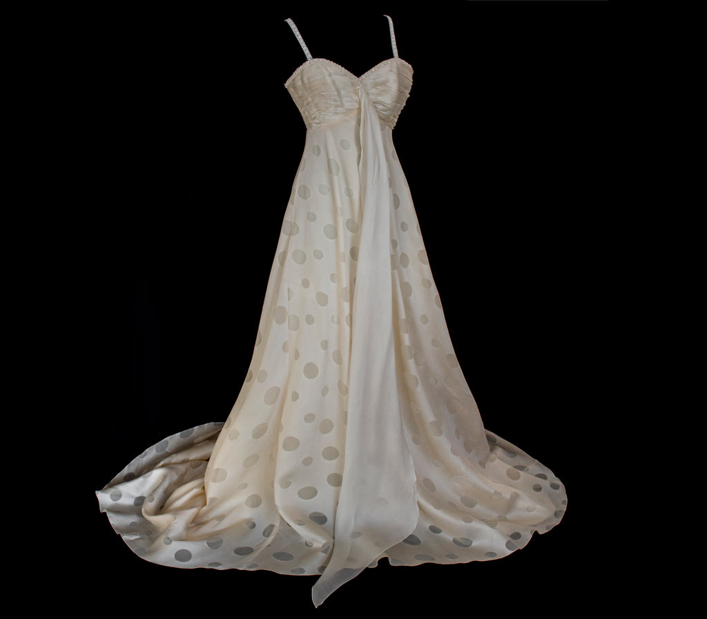 338 - IVORY CHAMPAGNE SILK ORGANZA WEDDING DRESS: POLKA / POIS DOT EMPIRE GOWN WITH BEADED STRAPS & FULL CIRCLE TRAIN - Vague atelier