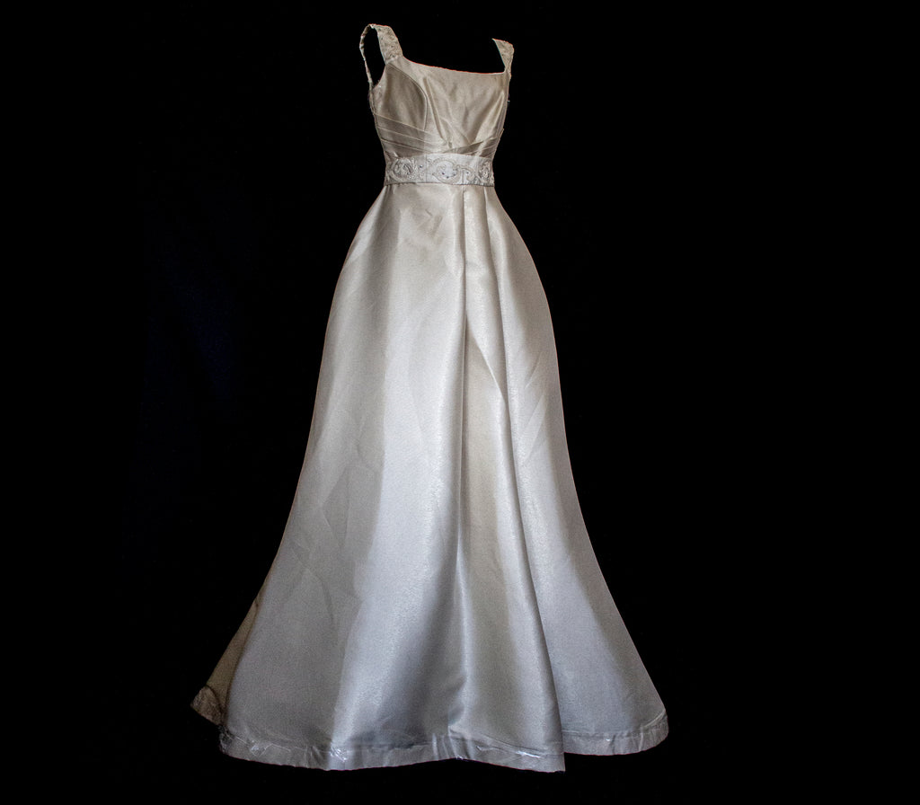 307 - REGAL BRONZE SILK MIKADO WEDDING DRESS: A-LINE GOWN WITH ANTIQUE 1960S EMBROIDERY