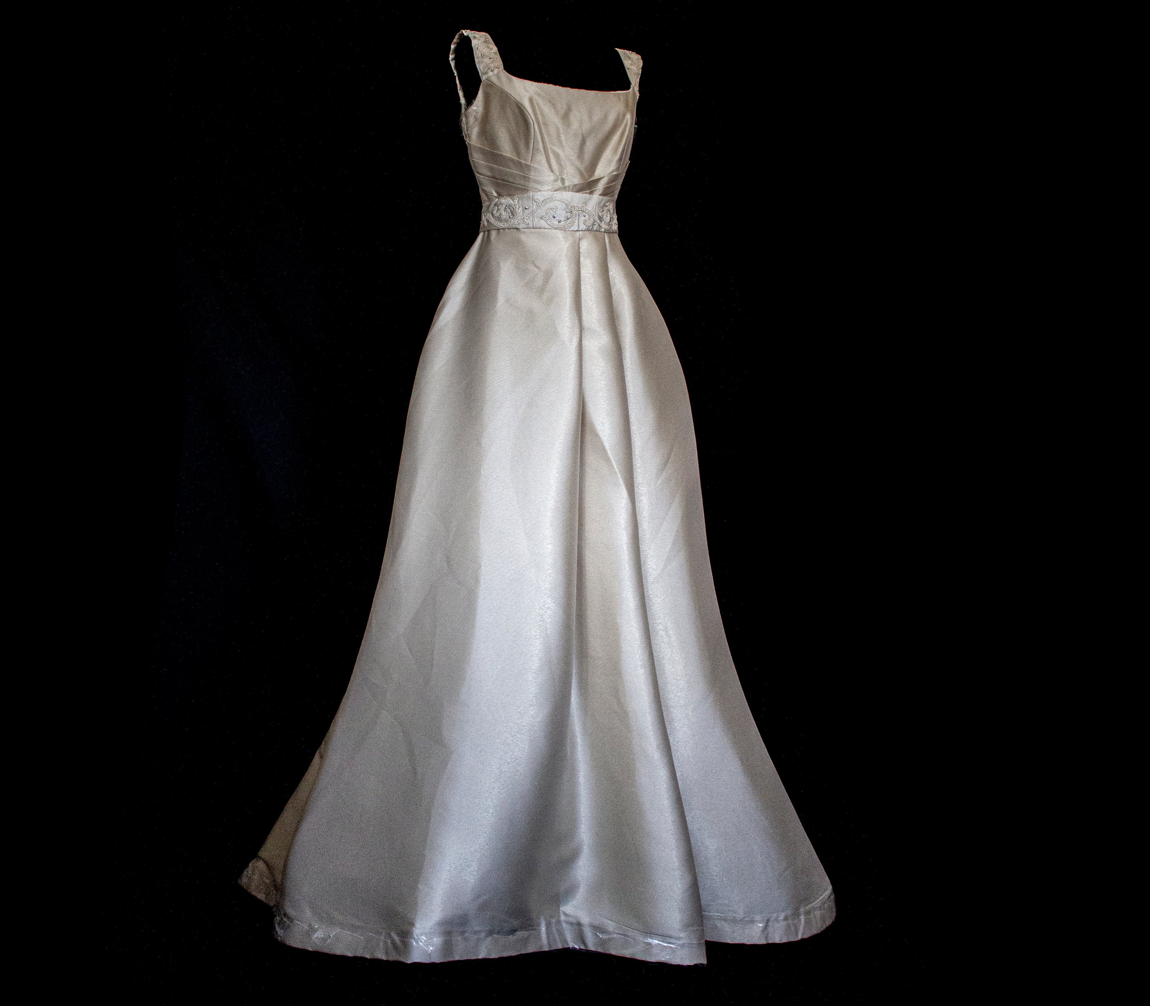307 - REGAL BRONZE SILK MIKADO WEDDING DRESS: A-LINE GOWN WITH ANTIQUE 1960S EMBROIDERY