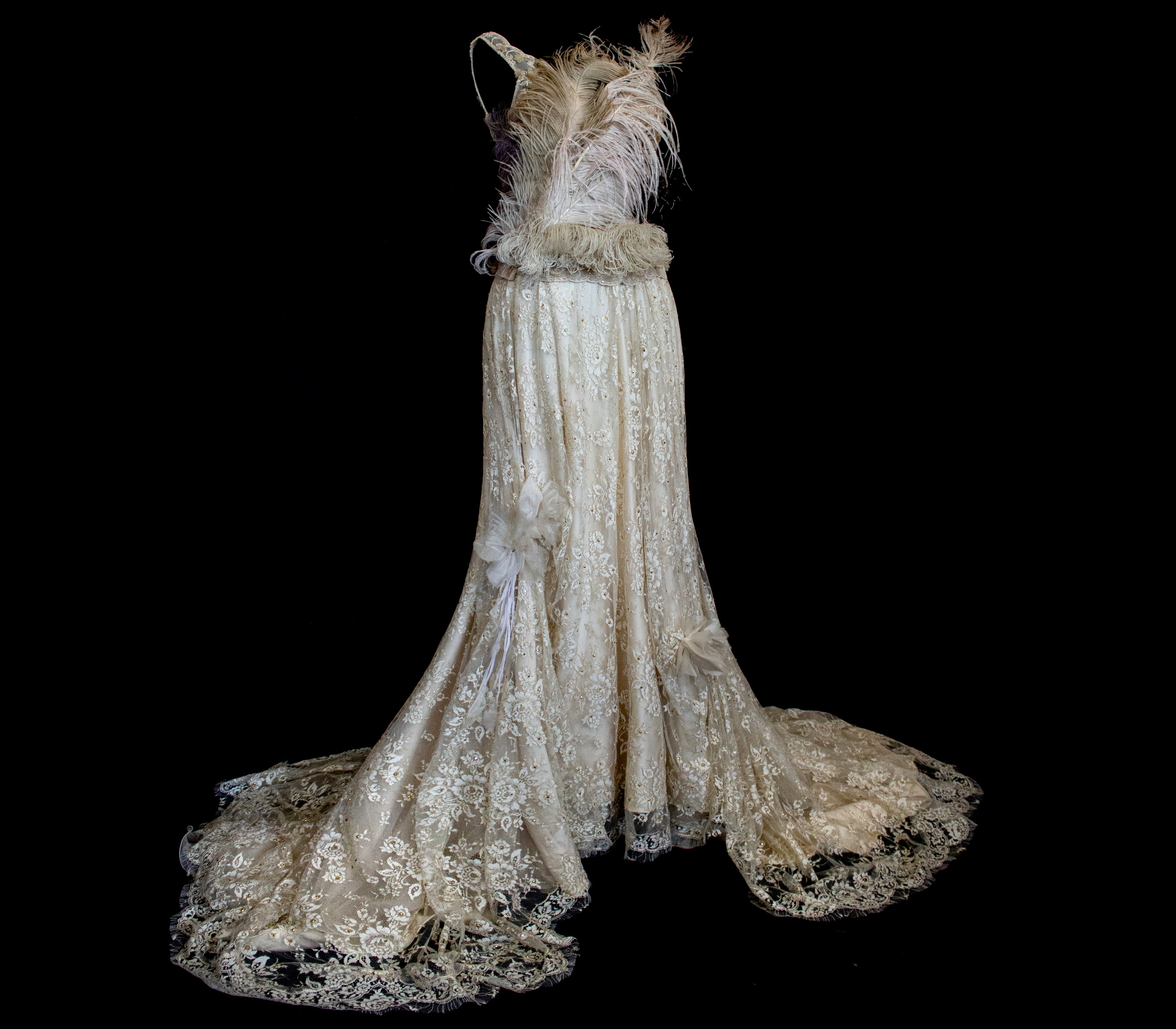 349 - UNIQUE VINTAGE TWO-PIECE WEDDING DRESS: GOLD LACE A-LINE SKIRT & BUSTIER WITH ANTIQUE FEATHERS, 90S LUXURY BRIDAL ENSEMBLE, BOHO ROMANTIC