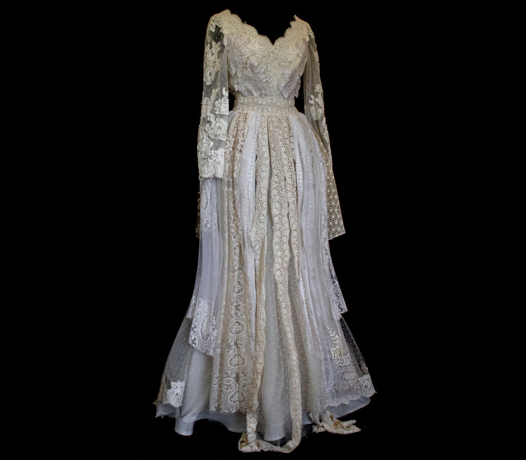356 - VINTAGE 90s UPCYCLED LACE WEDDING DRESS: IVORY GOWN WITH POLKA DOT TULLE & ANTIQUE MACRAME DETAILS - Vague atelier