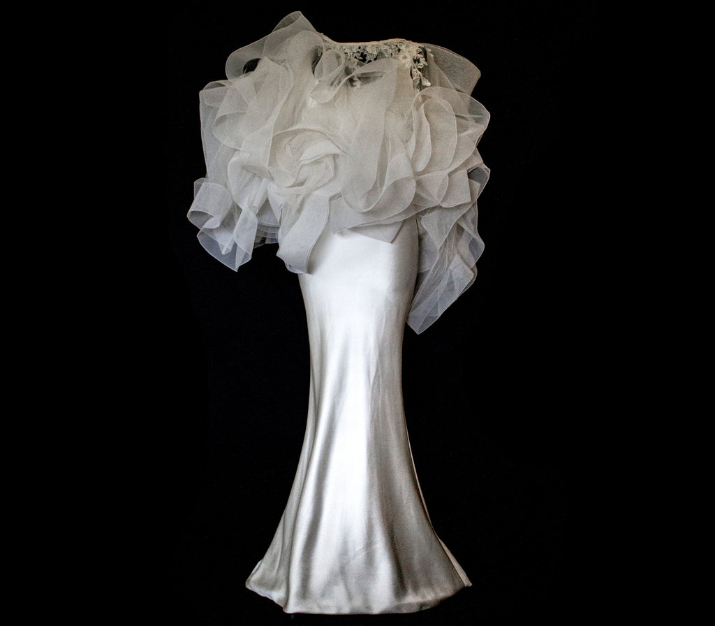 360 - VINTAGE SLIP STYLE WEDDING DRESS: CREAM FLUID SATIN GOWN WITH EMBROIDERED TULLE CAPE