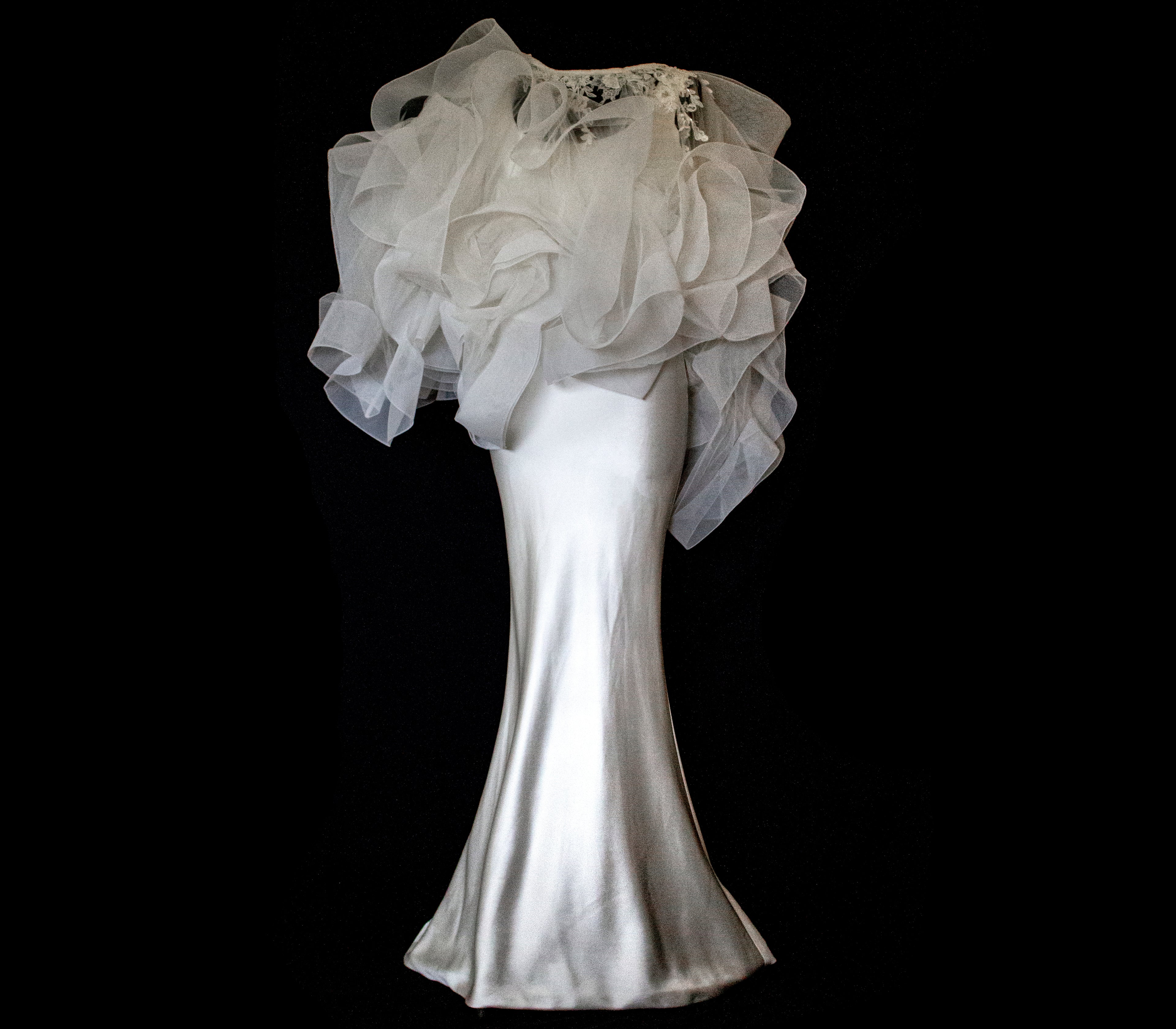 360 - VINTAGE SLIP STYLE WEDDING DRESS: CREAM FLUID SATIN GOWN WITH EMBROIDERED TULLE CAPE