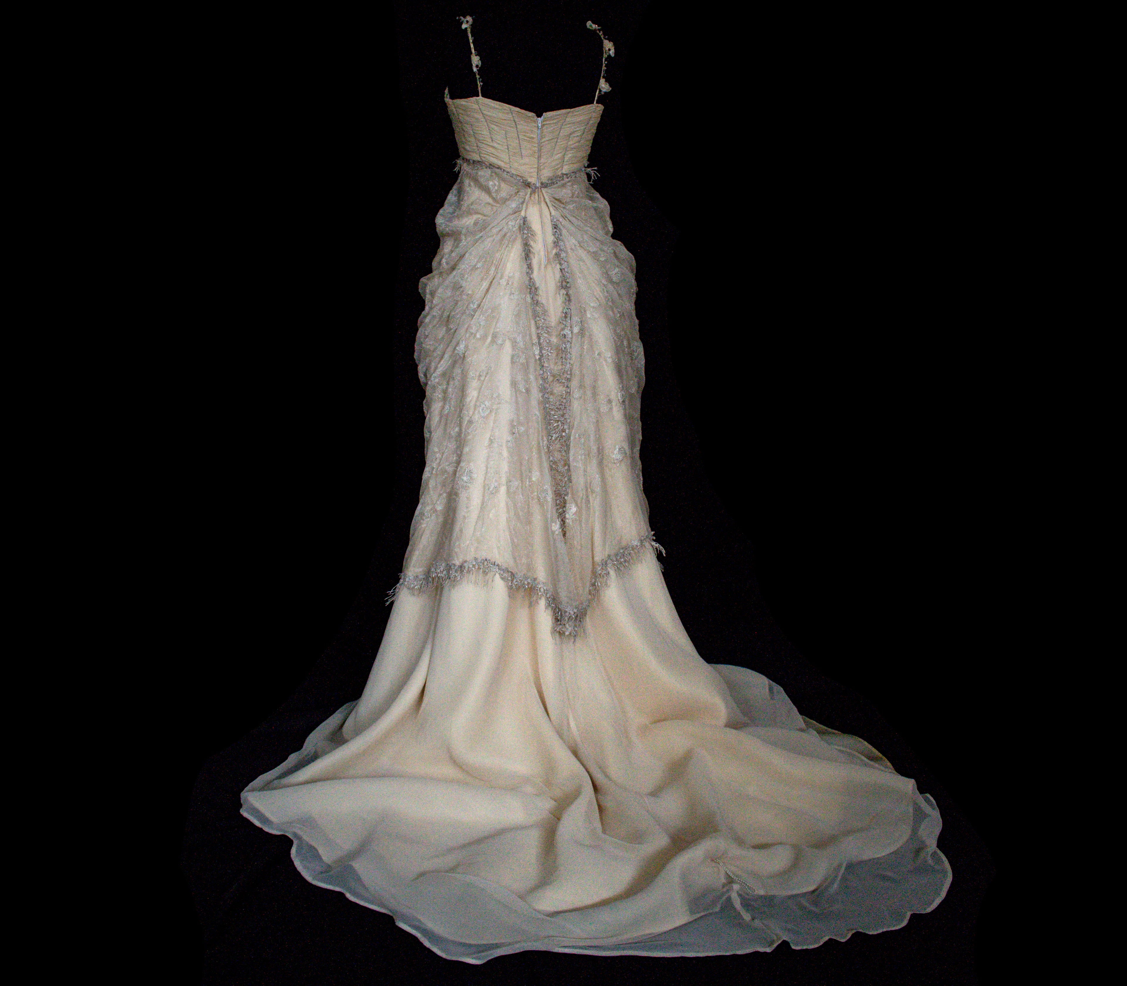 336 - DARK BEIGE SILK EMPIRE WEDDING DRESS: VINTAGE 90s GOWN WITH ROARING 20s DETAILS & SILVER EMBROIDERY