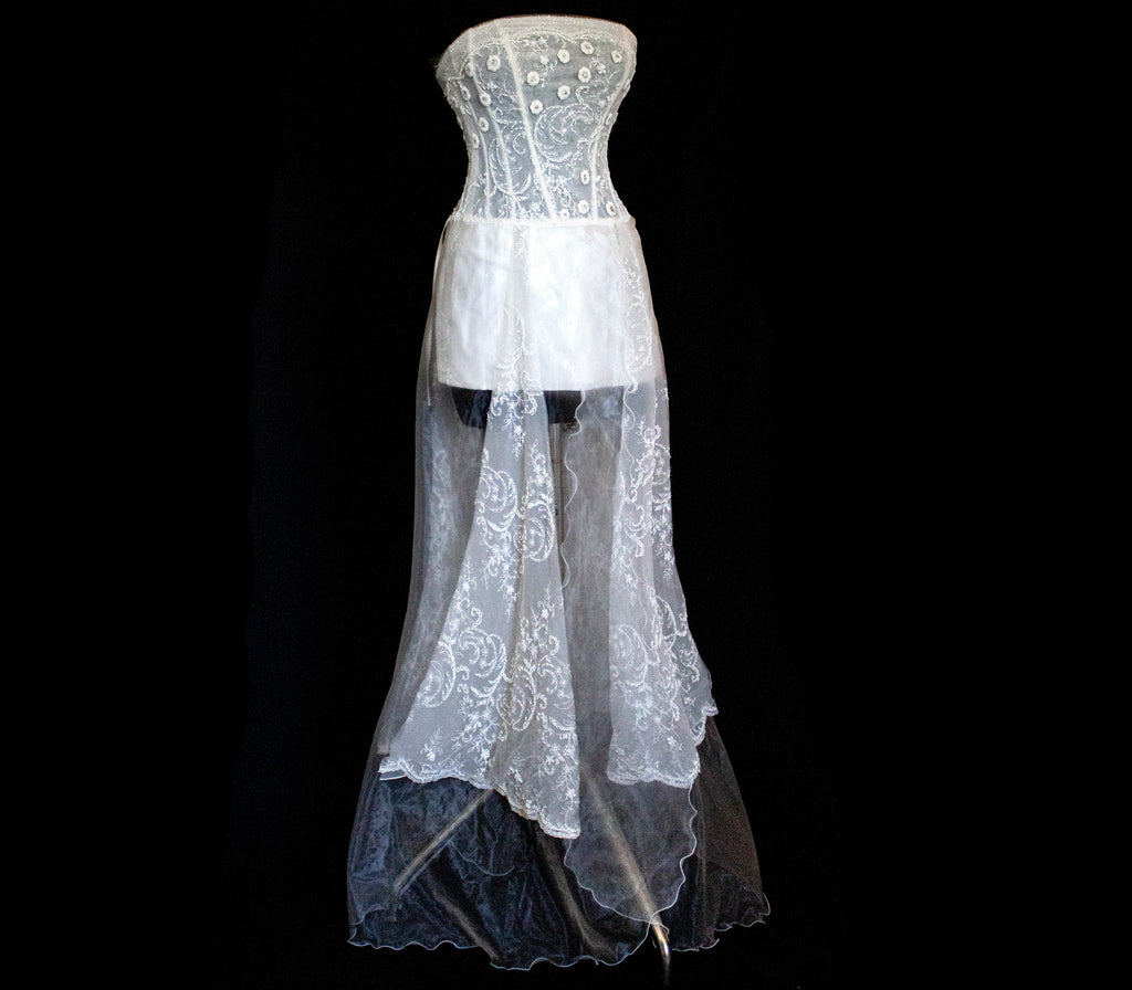 365 - VINTAGE 90s UPCYCLED EMBROIDERED WEDDING DRESS: STRAPLESS WRAP GOWN WITH IRIDESCENT DRAMA CAPE