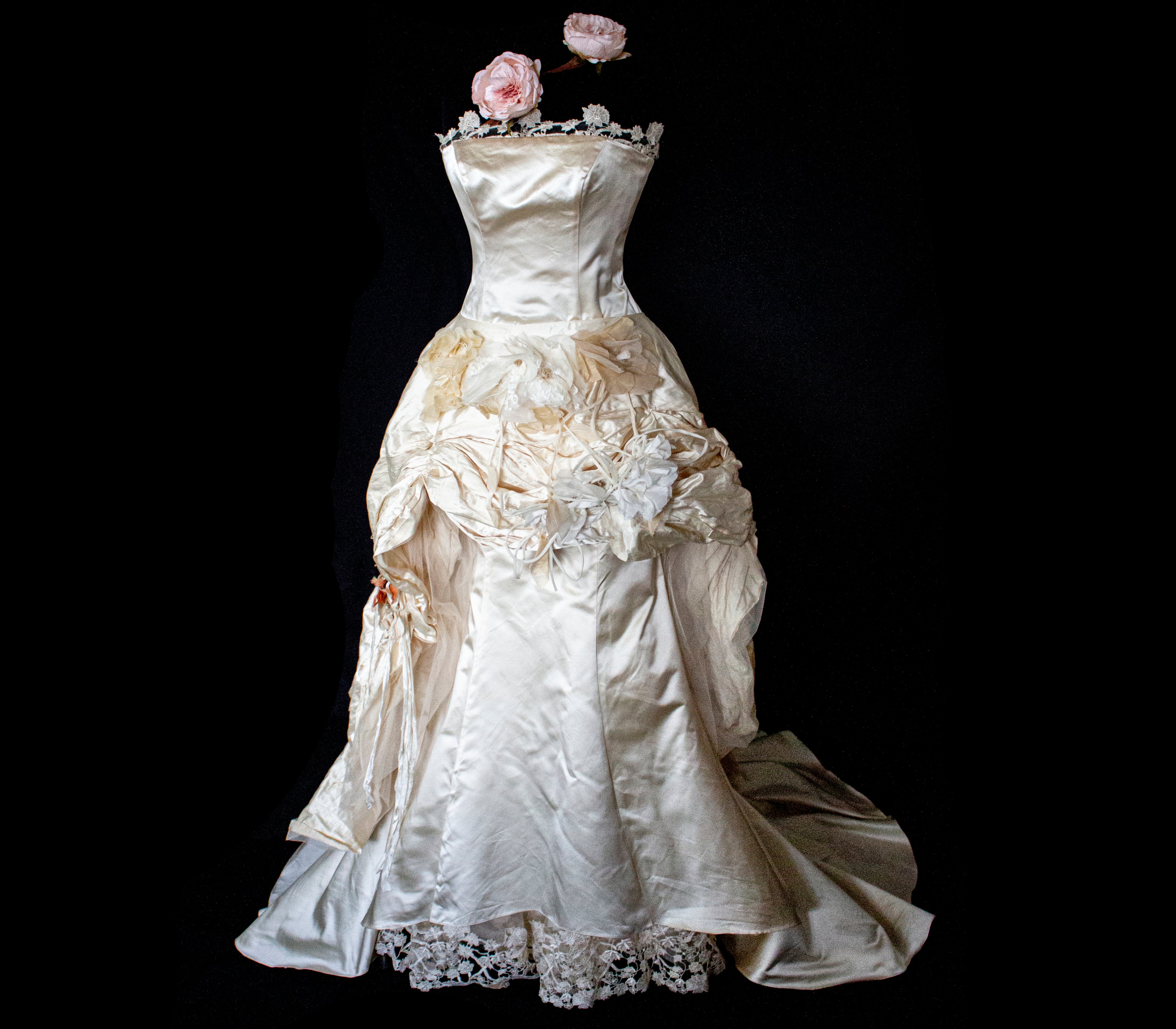 348 - UNIQUE UPCYCLED SILK MERMAID WEDDING DRESS: 90S CREAM TAFFETA GOWN WITH PINK PEONIES, EMBOSSED FLORAL DETAILS & BOHO ROMANTIC STYLE
