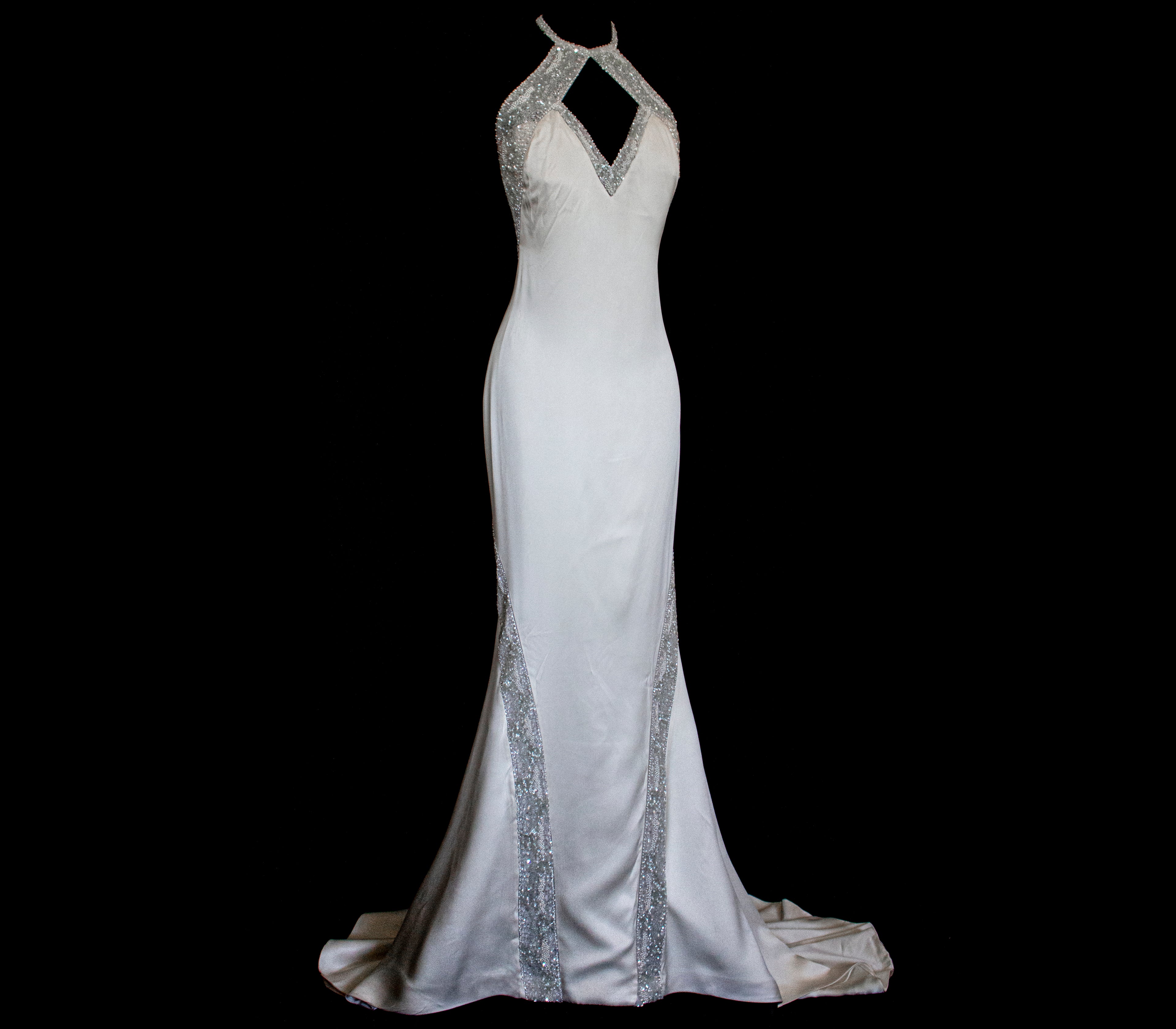 291 - OLD HOLLYWOOD VINTAGE MERMAID BRIDAL GOWN: BACKLESS SILK SATIN & ART DECO SILVER BEADING