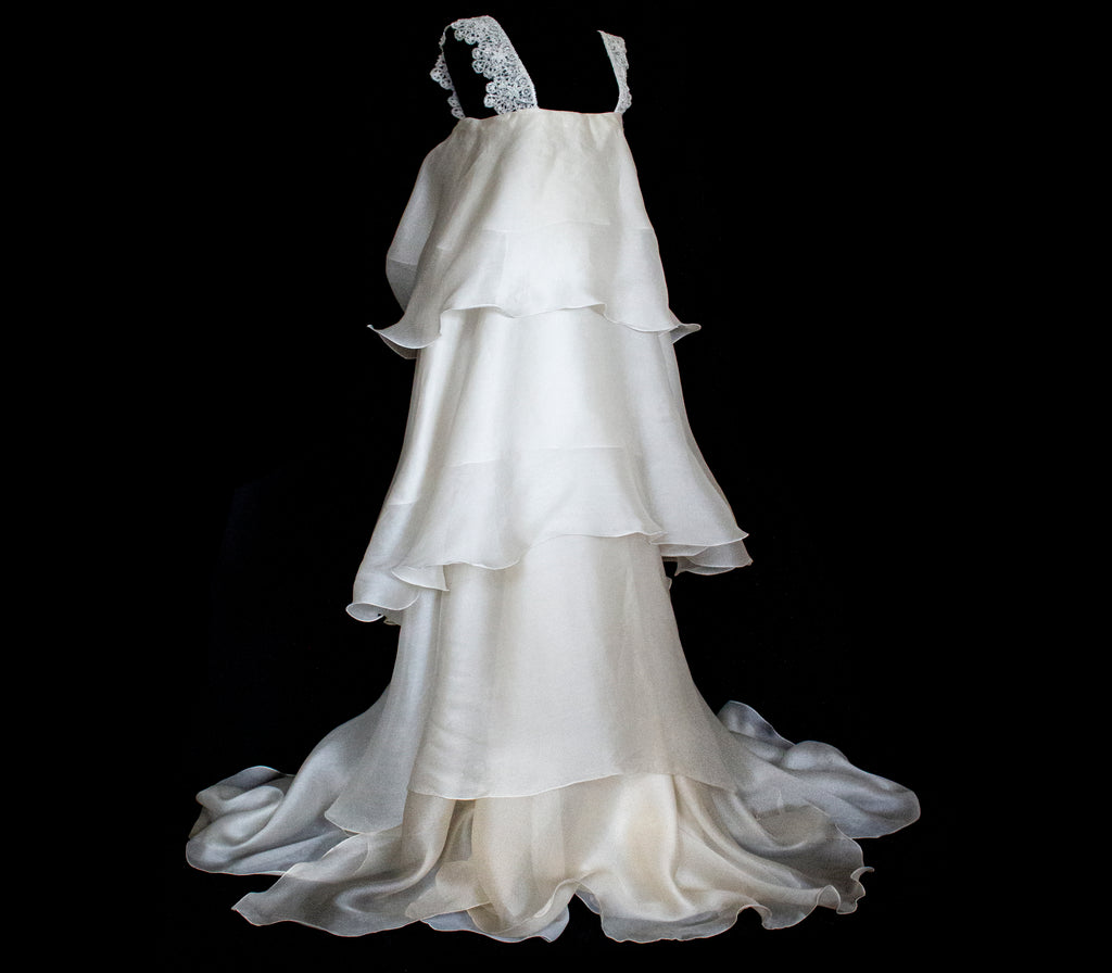 344 - UNIQUE UPCYCLED SILK ORGANZA WEDDING DRESS: PEARL GREY & BRONZE RUFFLED GOWN, SILVER EMBROIDERY, LUXURY SUSTAINABLE BRIDAL DRESS - Vague atelier