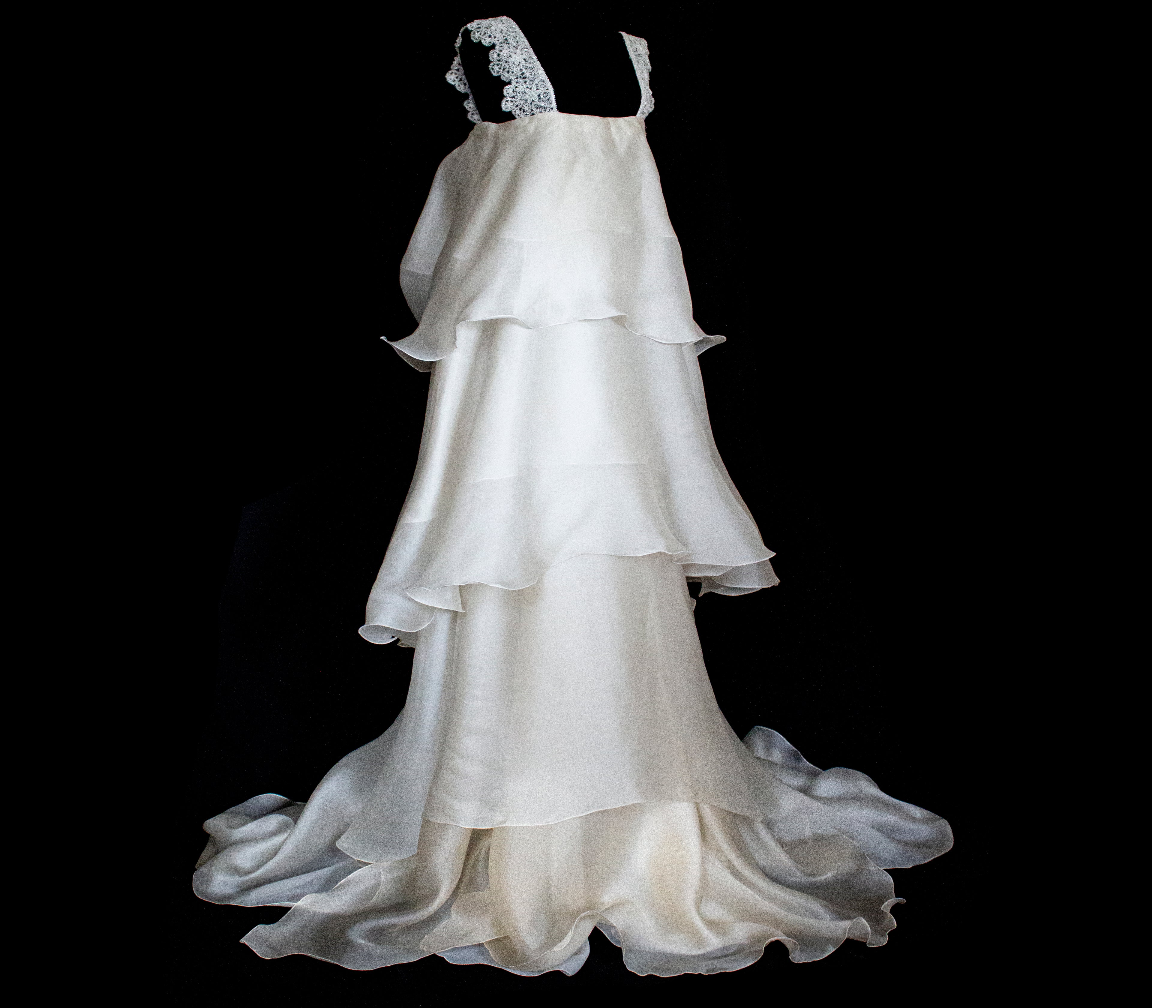 344 - UNIQUE UPCYCLED SILK ORGANZA WEDDING DRESS: PEARL GREY & BRONZE RUFFLED GOWN, SILVER EMBROIDERY, LUXURY SUSTAINABLE BRIDAL DRESS - Vague atelier