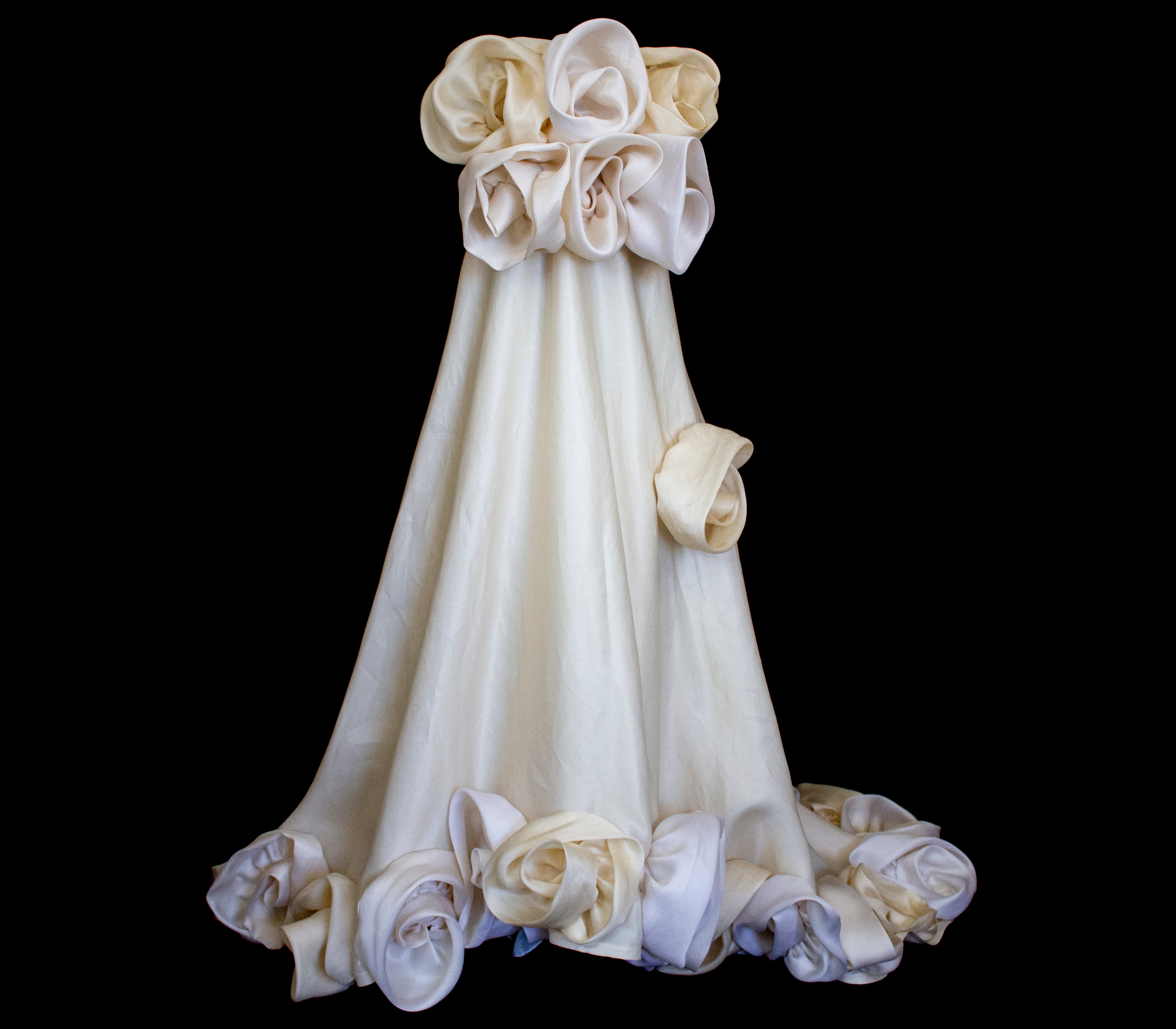 318 - COUTURE SILK ORGANZA BRIDAL GOWN: HANDMADE 3D MAXI FLOWERS & VINTAGE FLORAL TRAIN