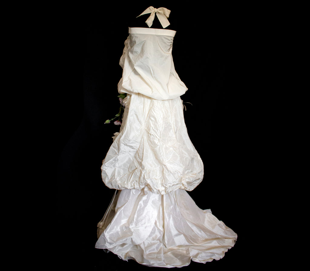 297- UNIQUE ROMANTIC VINTAGE SILK TAFFETA ENSEMBLE: BALLOON TOP & 3D MULTICOLOR FLORAL SKIRT - Vague atelier