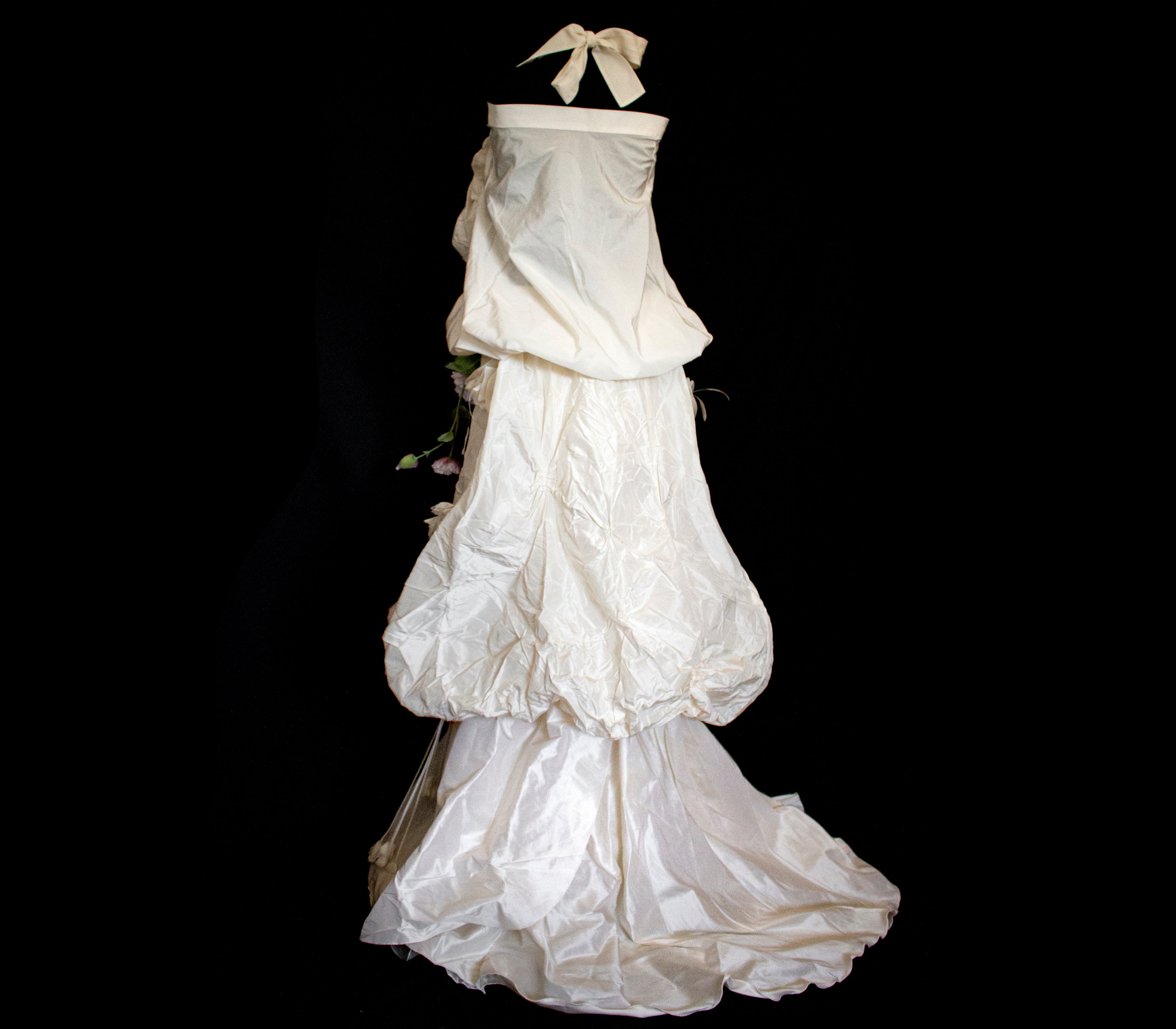 297- UNIQUE ROMANTIC VINTAGE SILK TAFFETA ENSEMBLE: BALLOON TOP & 3D MULTICOLOR FLORAL SKIRT