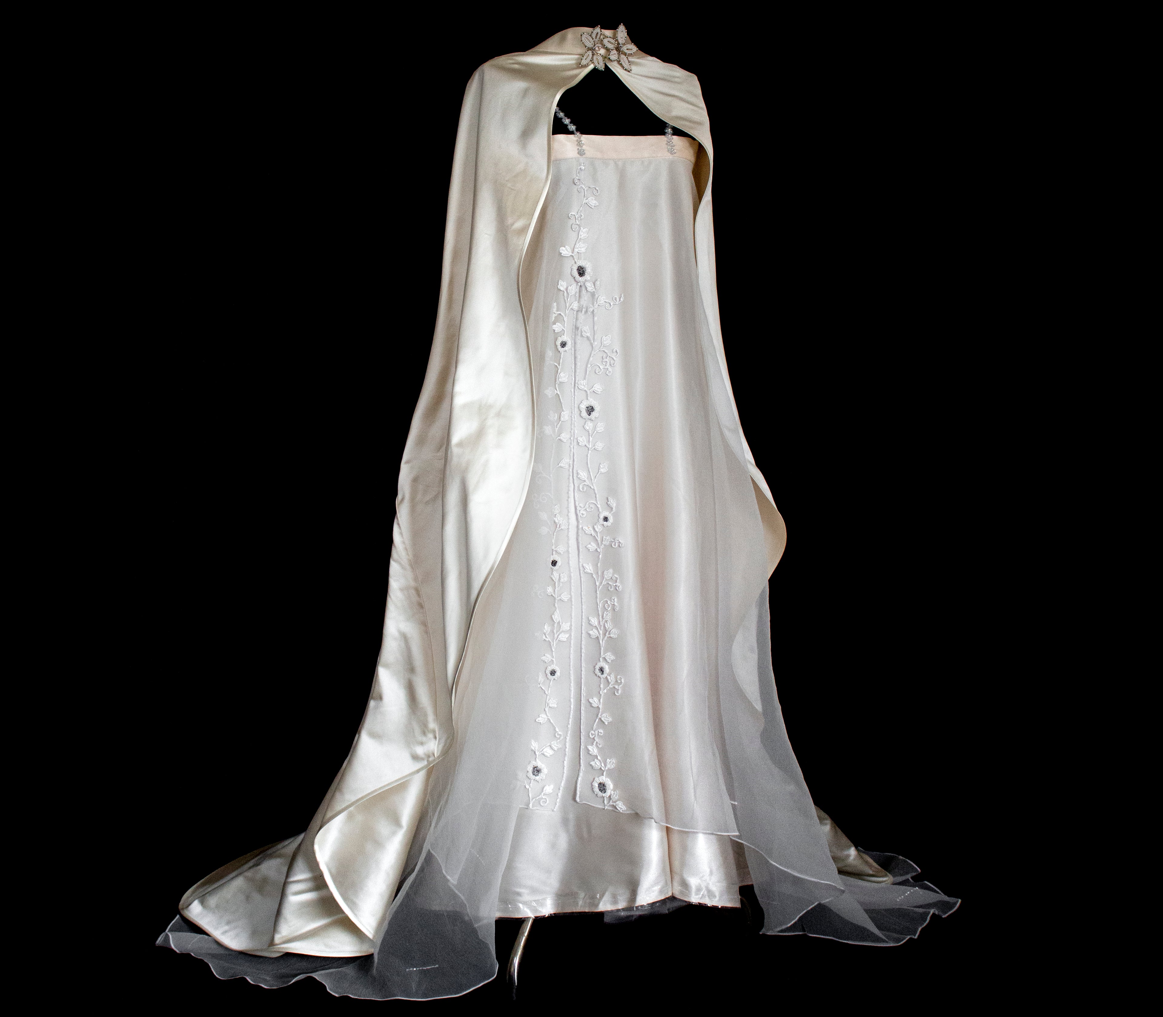 347 - UNIQUE UPCYCLED SILK SATIN WEDDING DRESS: POWDER PINK SLIP GOWN & IVORY CAPE ENSEMBLE, SILVER FLORAL EMBROIDERY, BOHO LUXURY