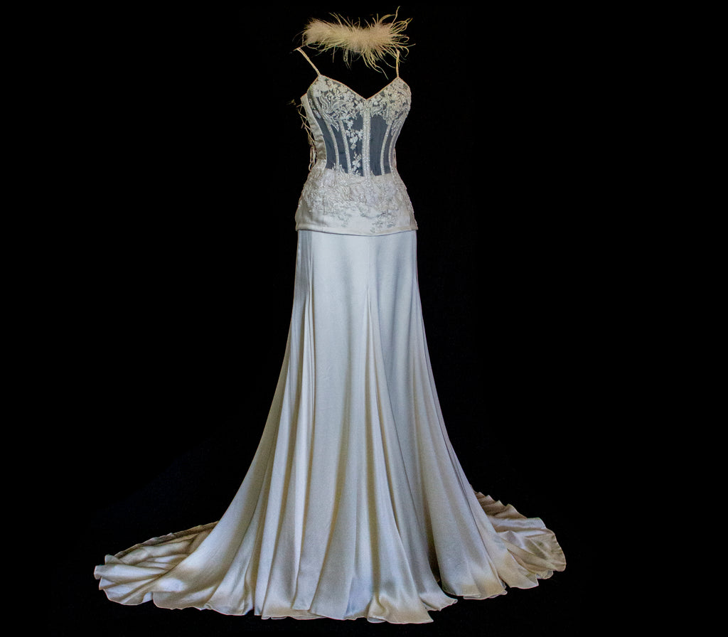 362 - VINTAGE 90s SILK BRIDAL TWO PIECE SET: EMBROIDERED BUSTIER AND FLUID CREAM SKIRT