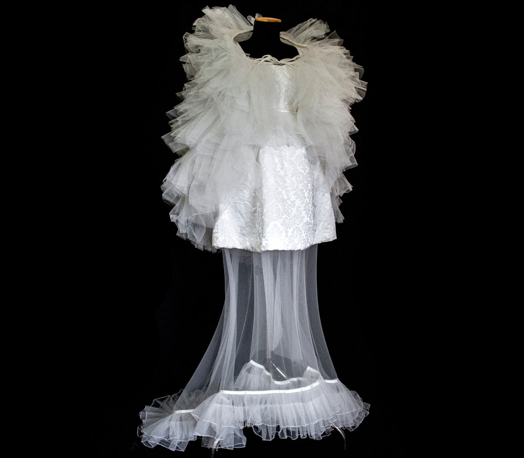 Vintage 90s Mini Wedding Dress | Damask Bridal Dress with Cape & Bow - 368