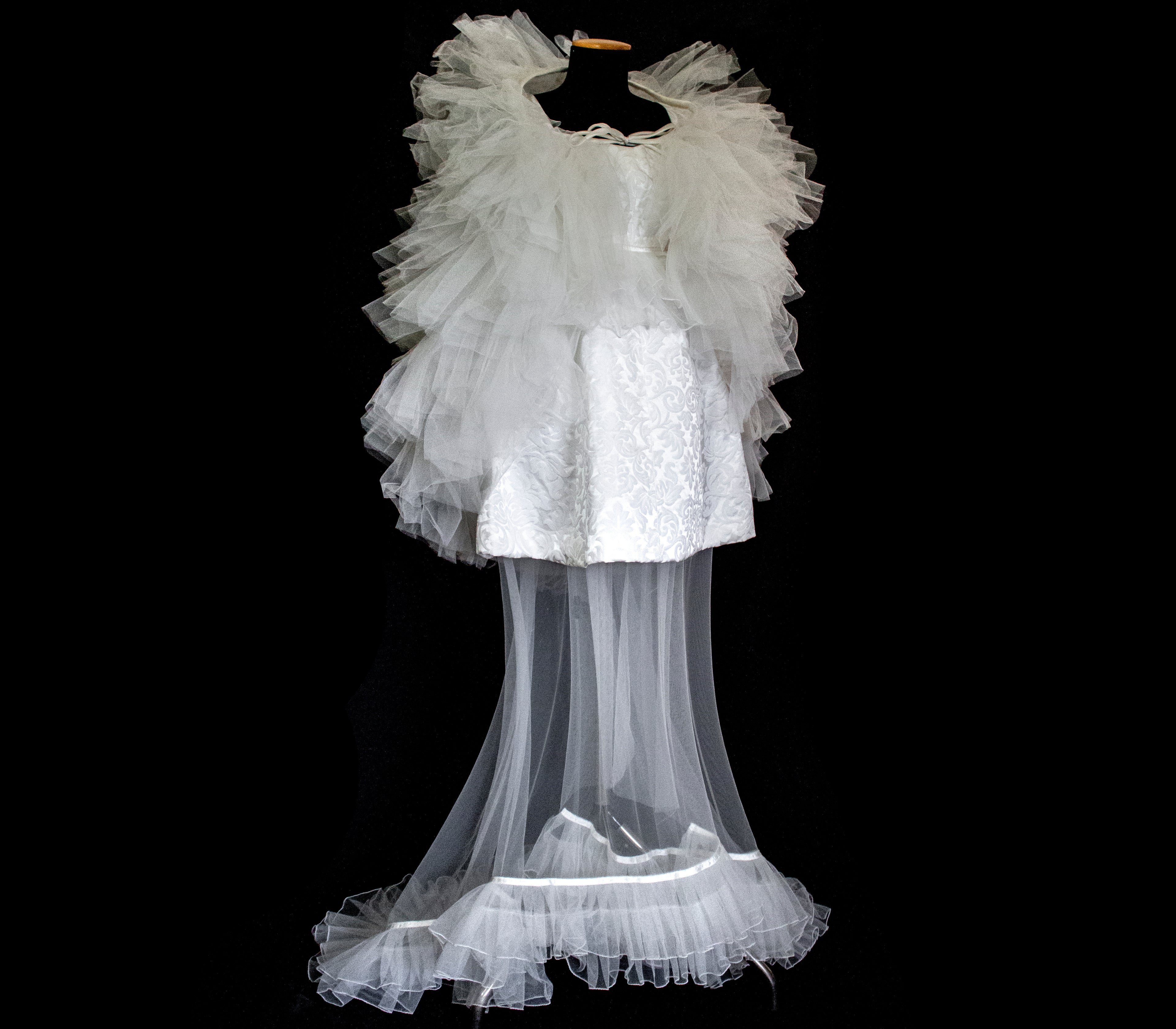 Vintage 90s Mini Wedding Dress | Damask Bridal Dress with Cape & Bow - 368