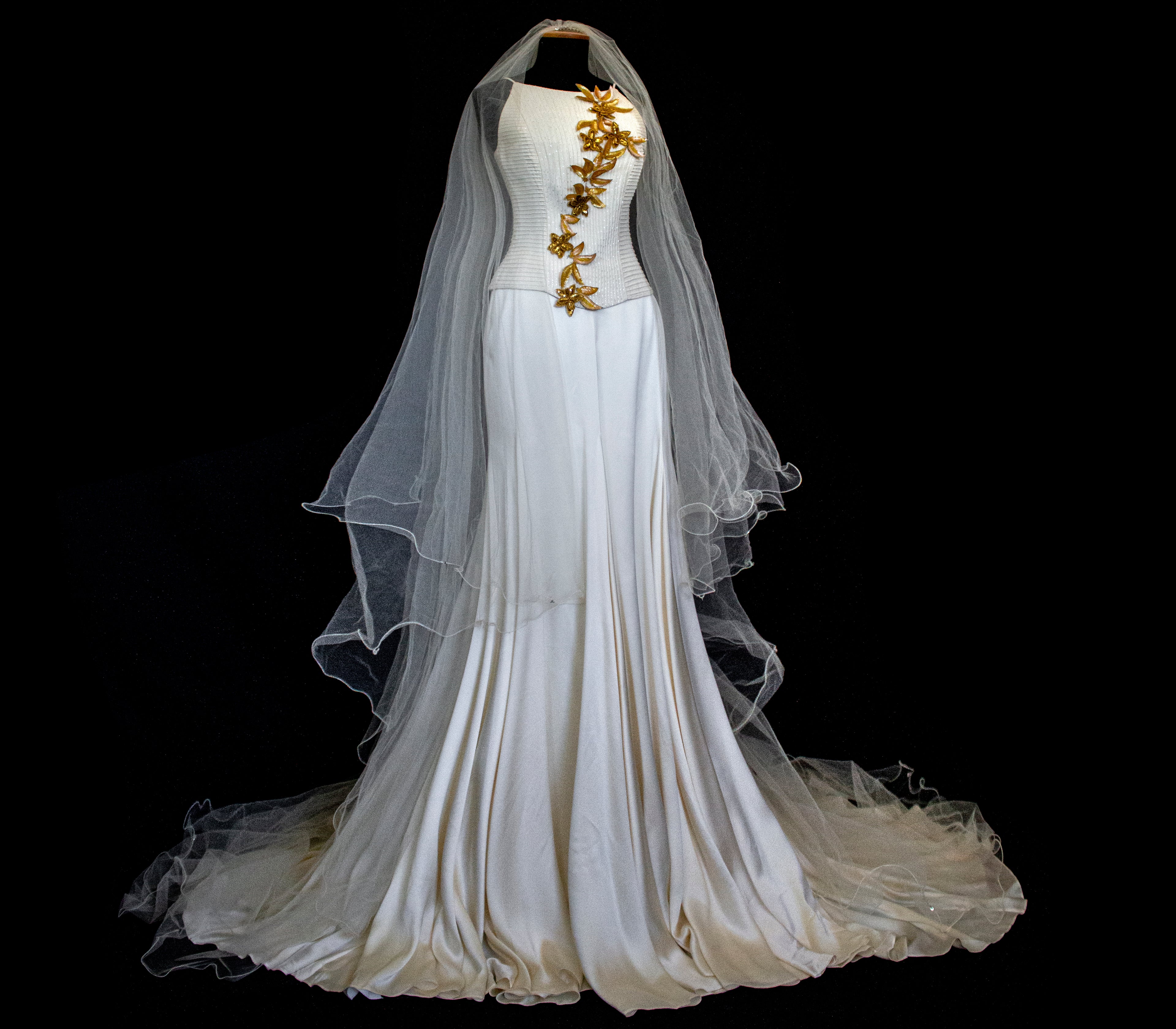300 - SOPHISTICATED PURE SILK VINTAGE BRIDAL SET: HALTER TOP WITH ANTIQUE GOLD SEQUIN FLOWERS & MATCHING VEIL