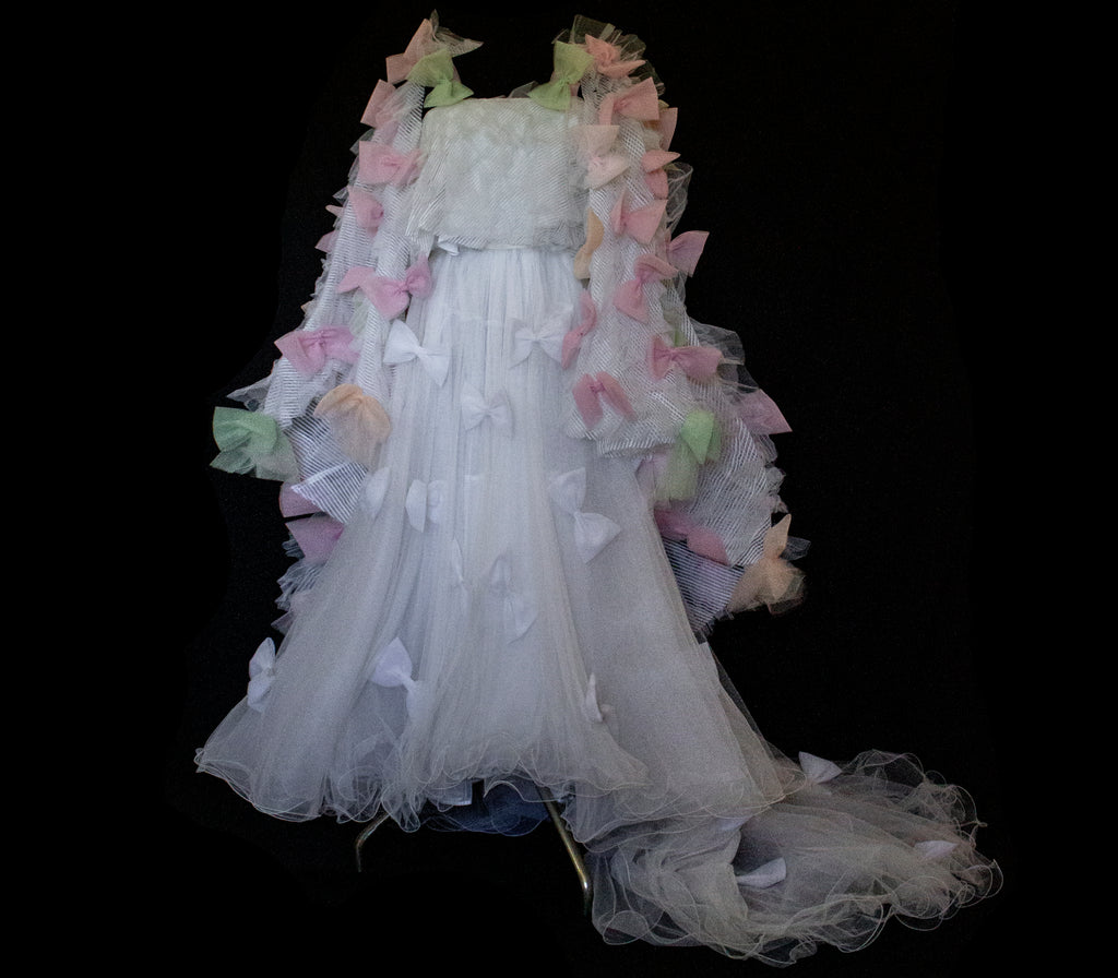 363 - VINTAGE 90s UPCYCLED TULLE 3-PIECE WEDDING DRESS: EMBROIDERED GOWN WITH HANDMADE BOWS AND CAPE