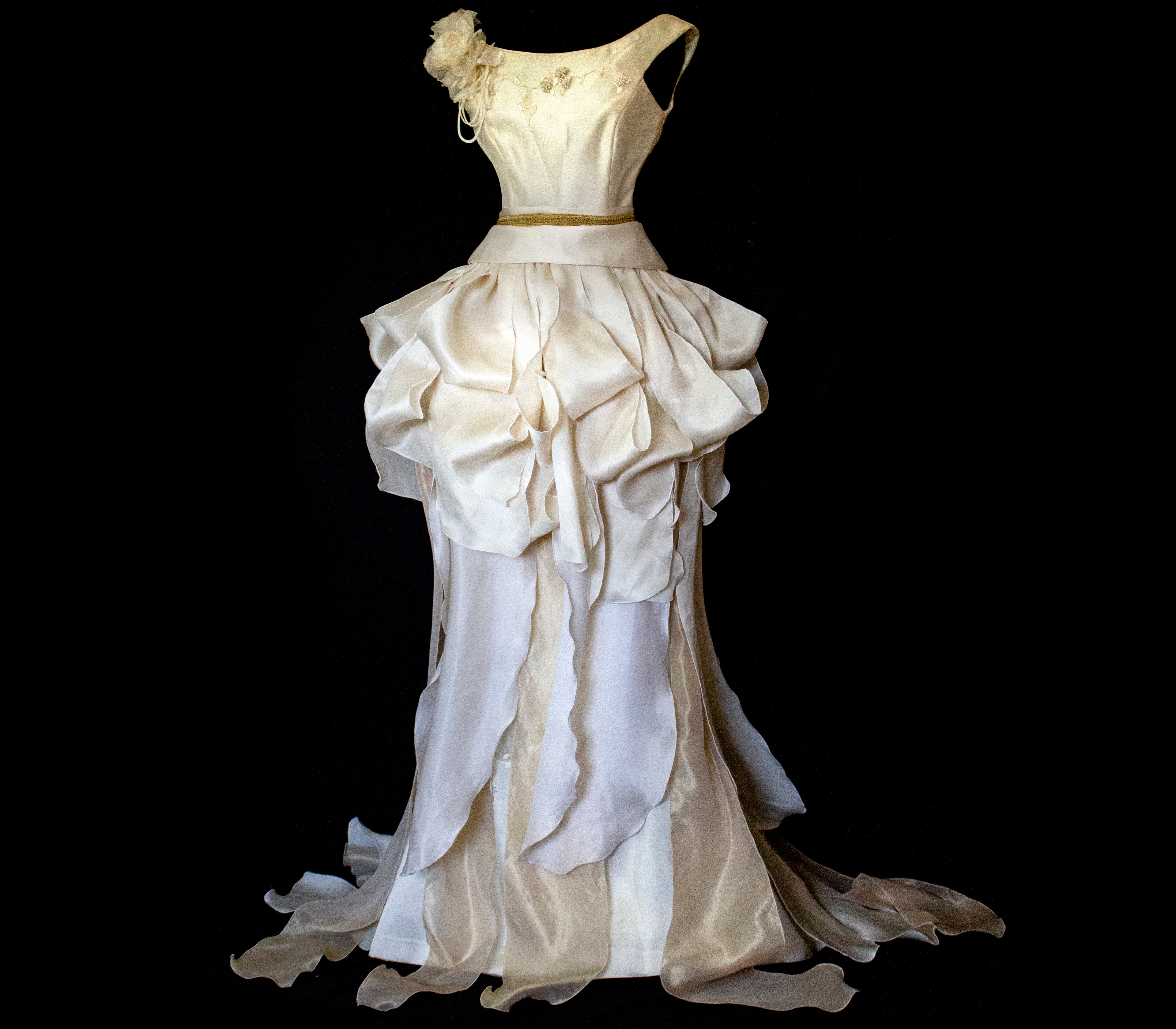 357 - VINTAGE 90s UPCYCLED SILK ORGANZA WEDDING DRESS: EMBROIDERED GOWN WITH HANDMADE FRINGE