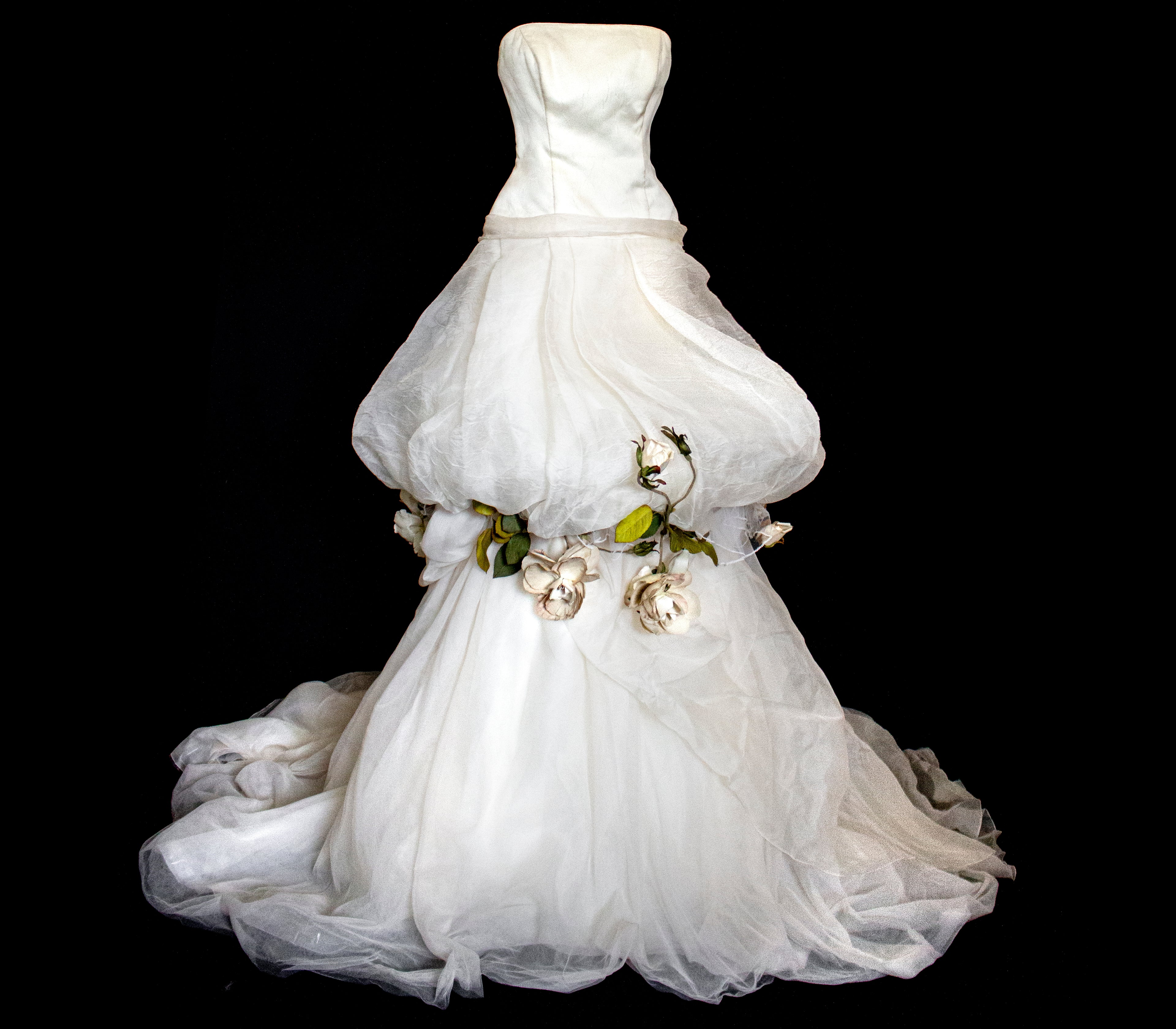 302 - ROMANTIC COUTURE IVORY CRINKLE SILK GOWN: OFF-THE-SHOULDER BALLOON SKIRT WITH MAXI FLORAL RAMAGE