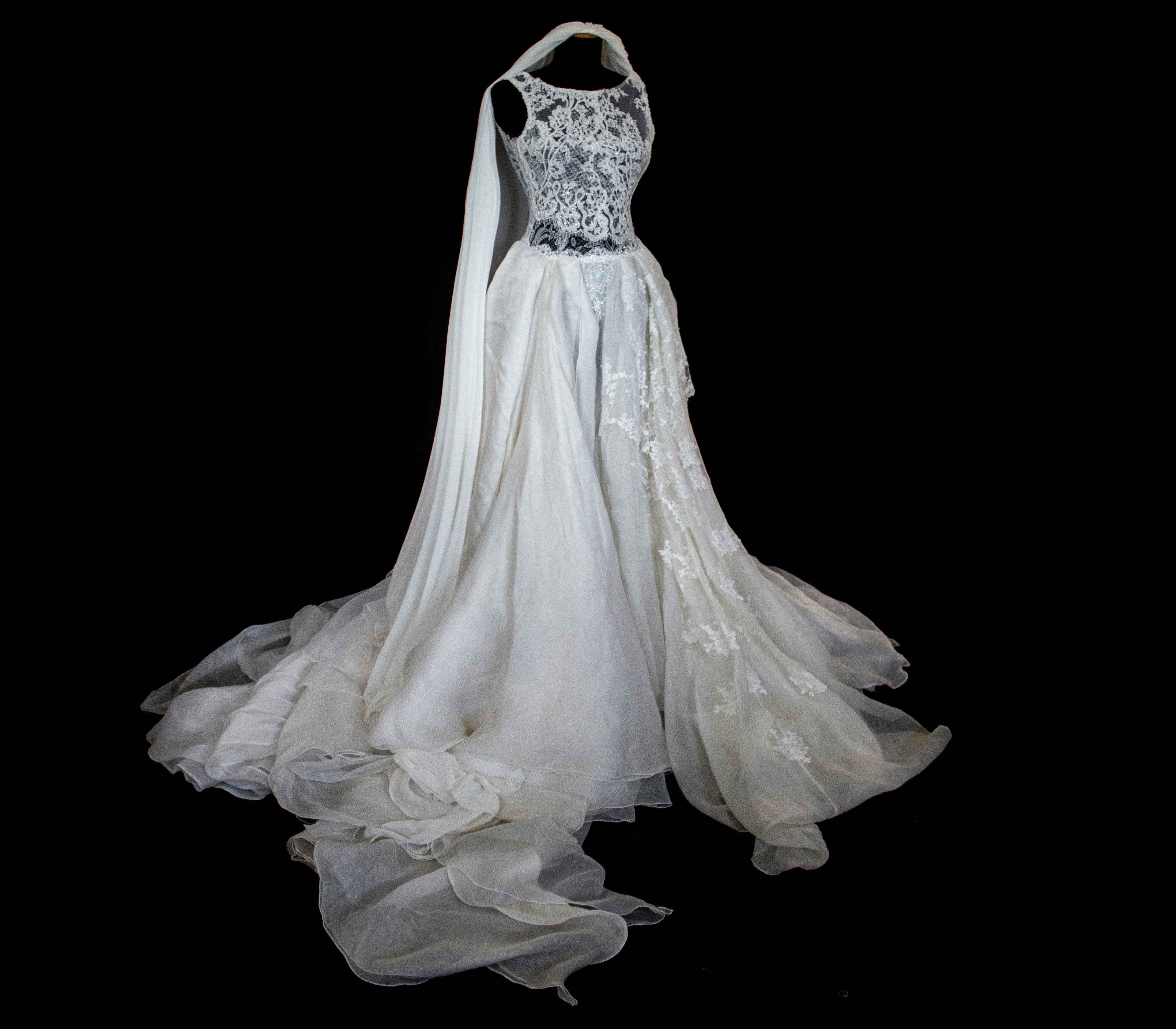 331 - ONE OF A KIND UPCYCLED VINTAGE BRIDAL GOWN: ASYMMETRIC LAYERED SILK CLOUD SKIRT & EMBROIDERED LACE