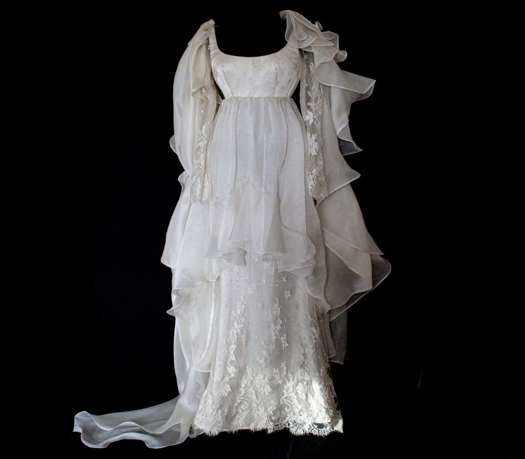 340 - OFF-WHITE SILK ORGANZA & ECRU LACE UPCYCLED WEDDING DRESS: UNIQUE EMPIRE GOWN WITH PLEATED WINGS