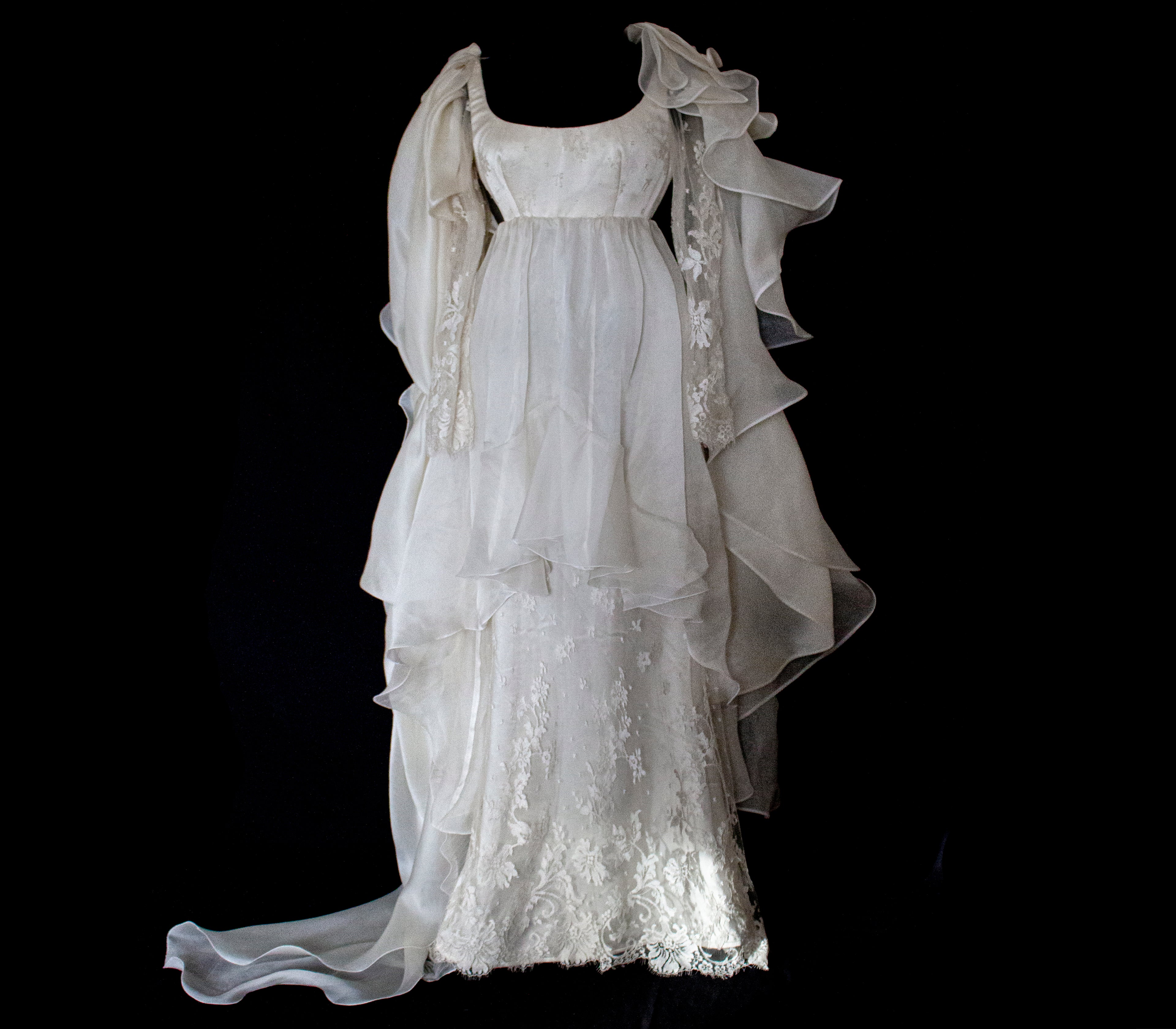 340 - OFF-WHITE SILK ORGANZA & ECRU LACE UPCYCLED WEDDING DRESS: UNIQUE EMPIRE GOWN WITH PLEATED WINGS