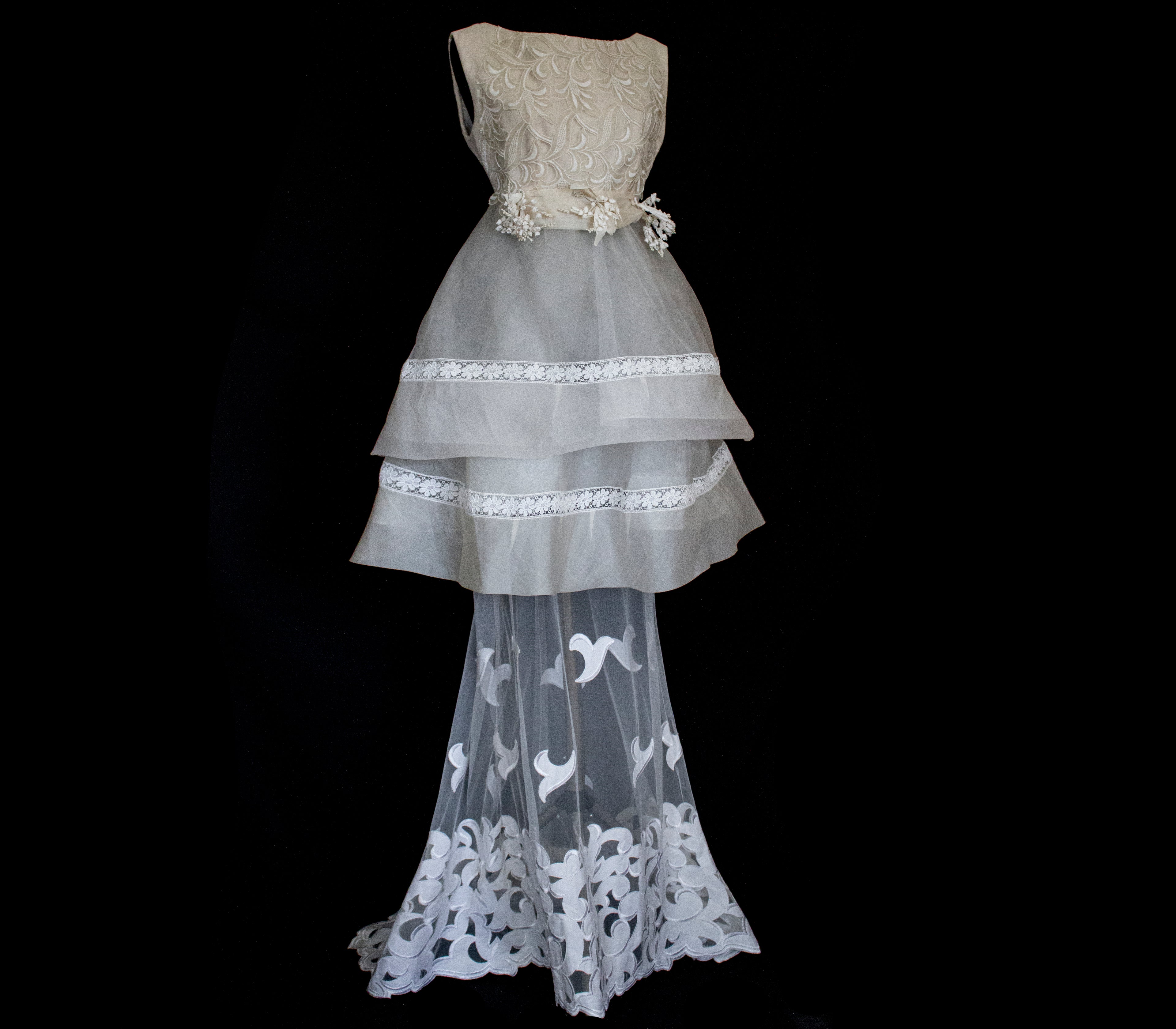 315 - UNIQUE MULTILAYER FLORAL BRIDAL GOWN: 1940S PEPLUM & UPCYCLED MULTI-ERA VINTAGE LACE DRESS