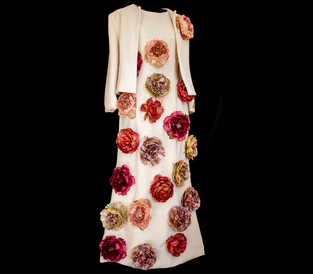 326 - SUSTAINABLE VINTAGE BRIDAL SET: WOOL CREPE DRESS & JACKET WITH COLORFUL PEONIES