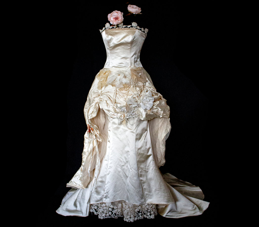 348 - UNIQUE UPCYCLED SILK MERMAID WEDDING DRESS: 90S CREAM TAFFETA GOWN WITH PINK PEONIES, EMBOSSED FLORAL DETAILS & BOHO ROMANTIC STYLE