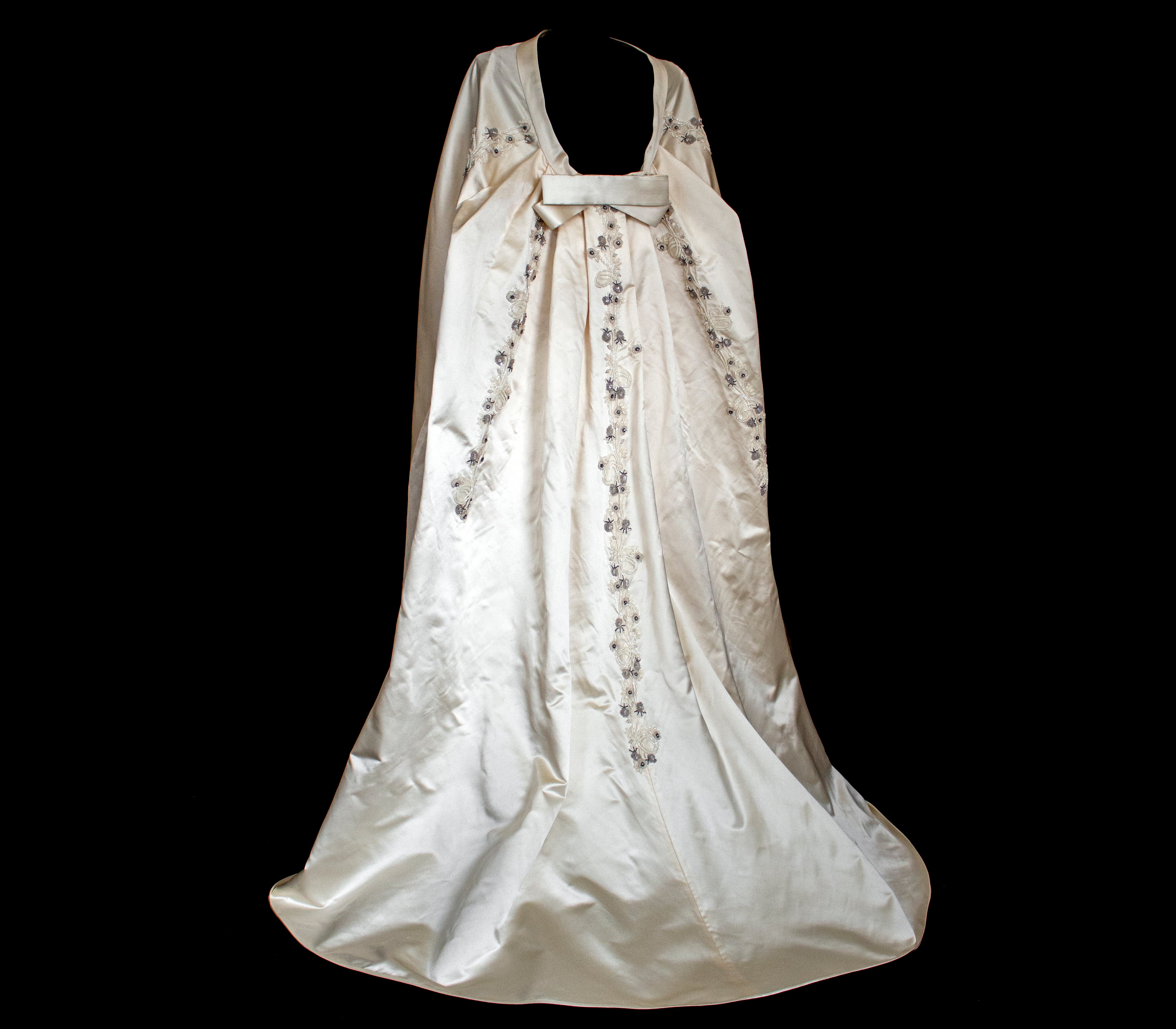 347 - UNIQUE UPCYCLED SILK SATIN WEDDING DRESS: POWDER PINK SLIP GOWN & IVORY CAPE ENSEMBLE, SILVER FLORAL EMBROIDERY, BOHO LUXURY