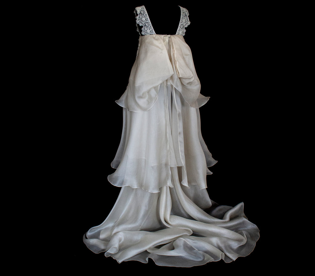 344 - UNIQUE UPCYCLED SILK ORGANZA WEDDING DRESS: PEARL GREY & BRONZE RUFFLED GOWN, SILVER EMBROIDERY, LUXURY SUSTAINABLE BRIDAL DRESS - Vague atelier