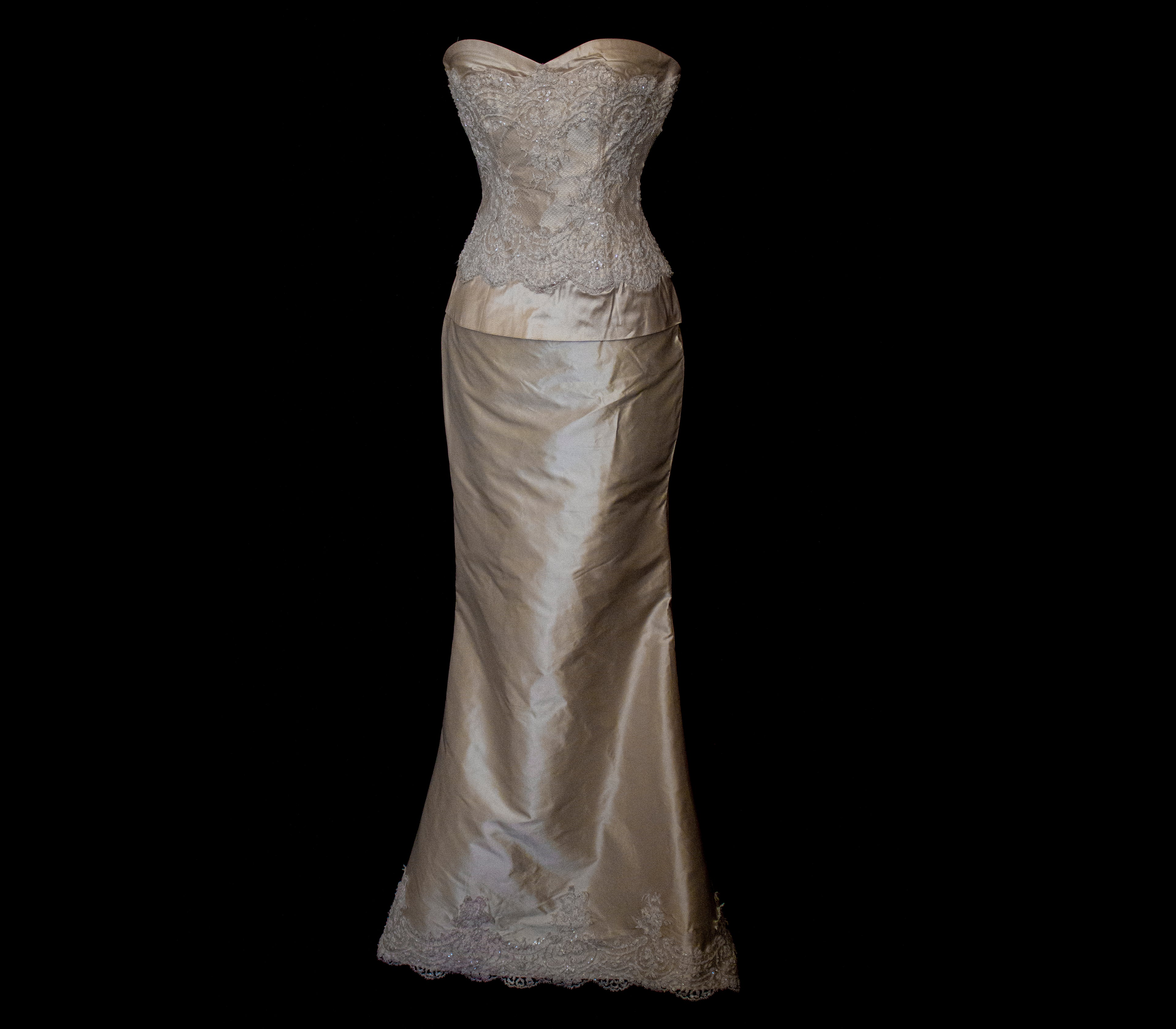 334 - IVORY SILK MIKADO VINTAGE WEDDING DRESS: COLUMN GOWN WITH EMBROIDERED CAPE & CRYSTALS - Vague atelier