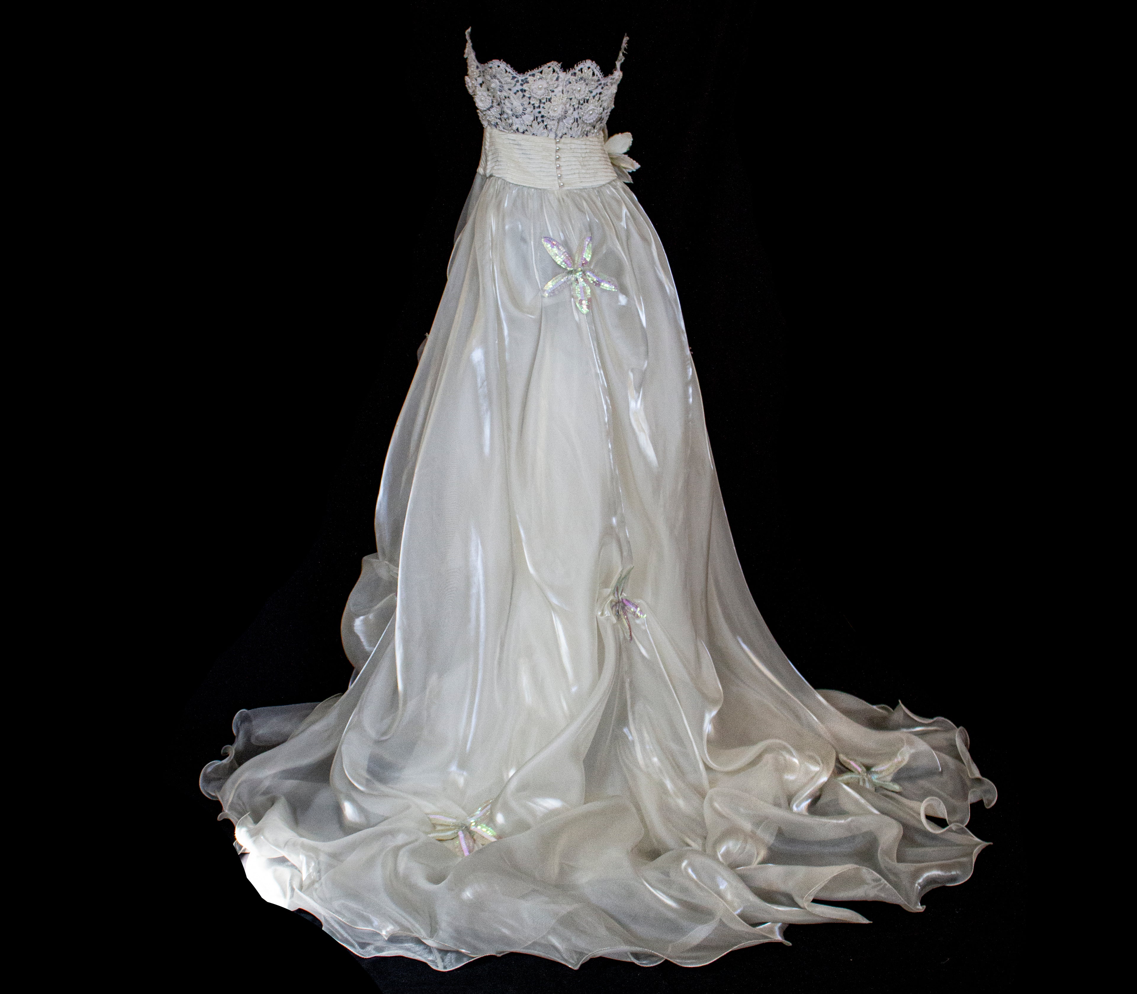 352 - UNIQUE 80S VINTAGE UPCYCLED WEDDING DRESS: EMPIRE WAIST SILK BRIDAL GOWN WITH IRIDESCENT ORGANZA & SEQUIN MAXI FLOWERS - Vague atelier