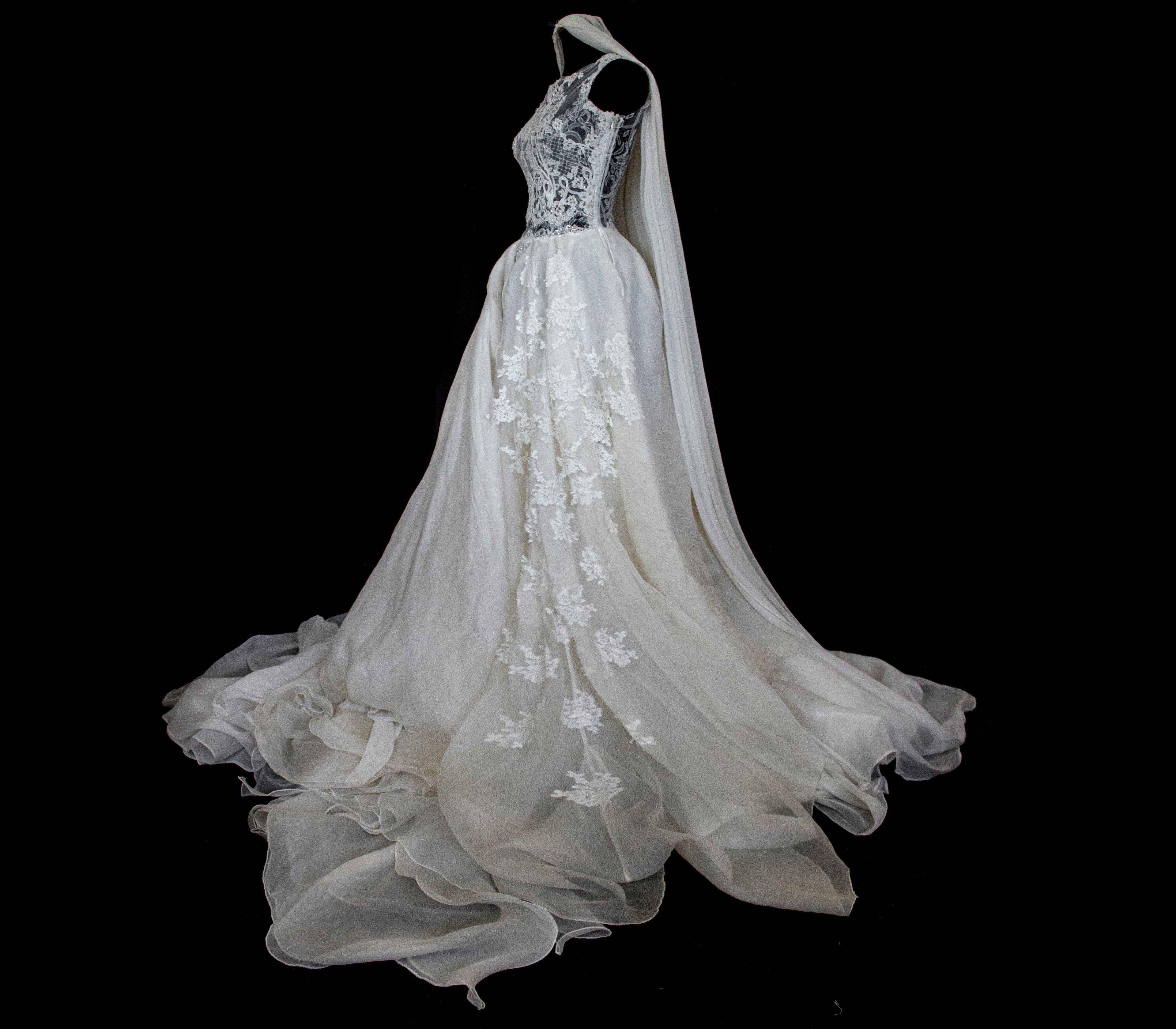 331 - ONE OF A KIND UPCYCLED VINTAGE BRIDAL GOWN: ASYMMETRIC LAYERED SILK CLOUD SKIRT & EMBROIDERED LACE