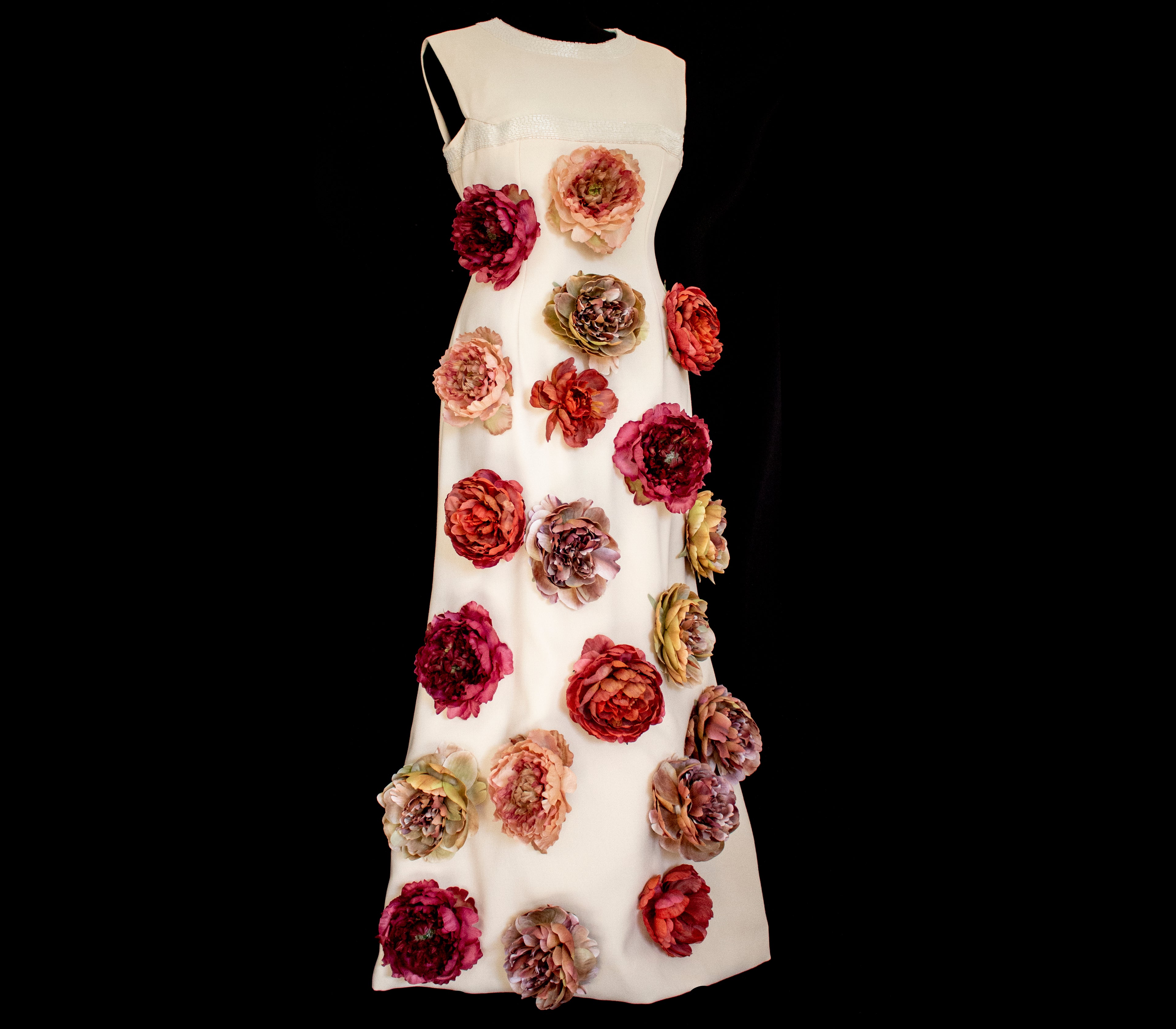 326 - SUSTAINABLE VINTAGE BRIDAL SET: WOOL CREPE DRESS & JACKET WITH COLORFUL PEONIES