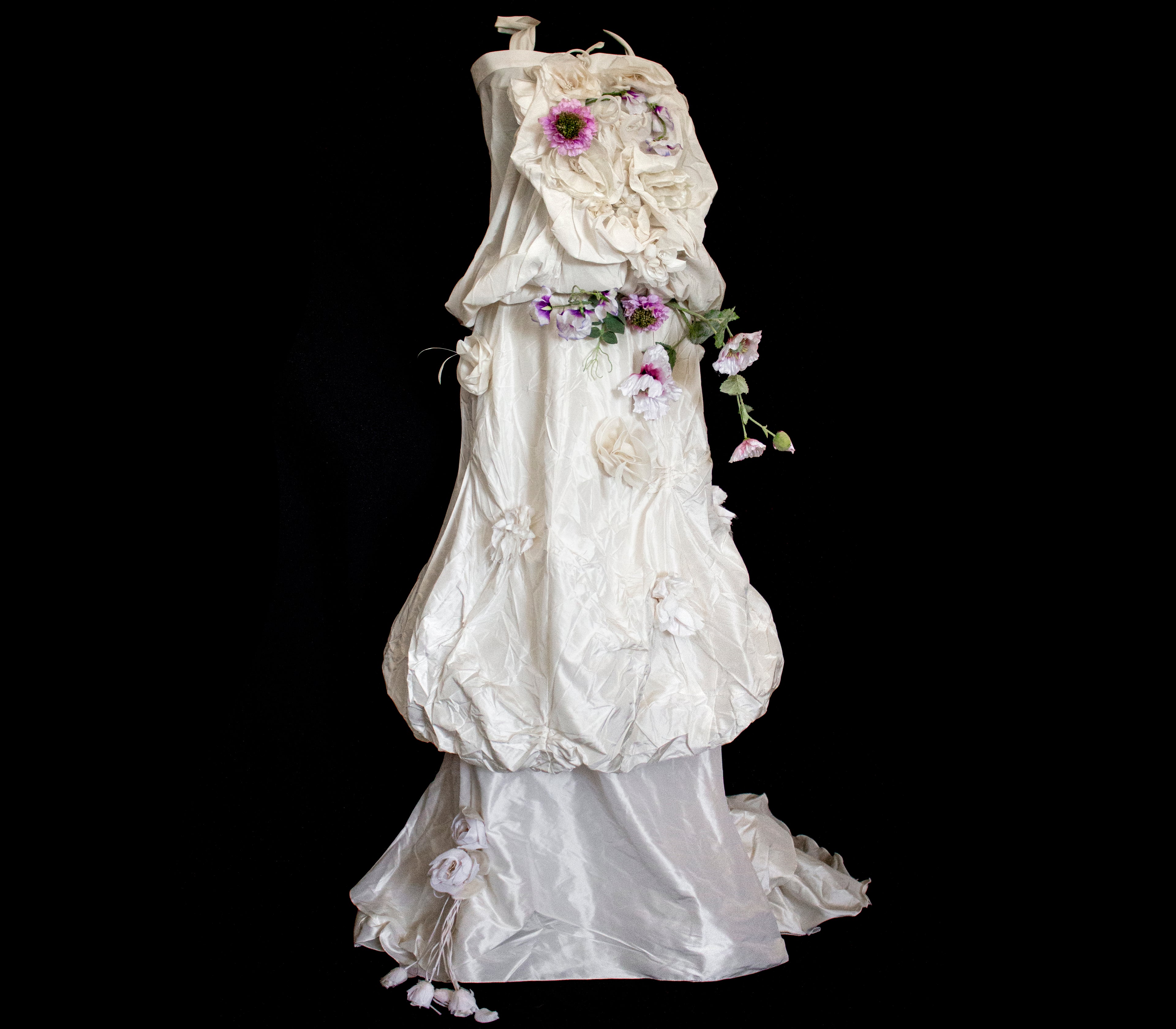 297- UNIQUE ROMANTIC VINTAGE SILK TAFFETA ENSEMBLE: BALLOON TOP & 3D MULTICOLOR FLORAL SKIRT