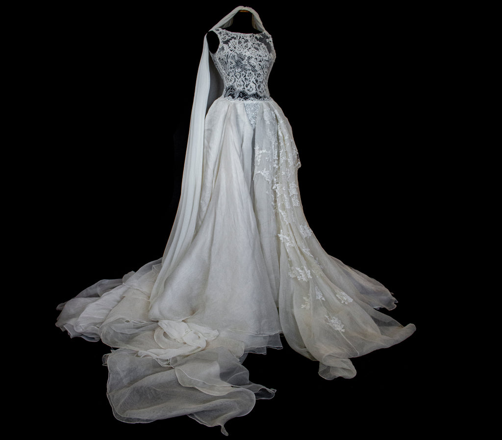 331 - ONE OF A KIND UPCYCLED VINTAGE BRIDAL GOWN: ASYMMETRIC LAYERED SILK CLOUD SKIRT & EMBROIDERED LACE - Vague atelier