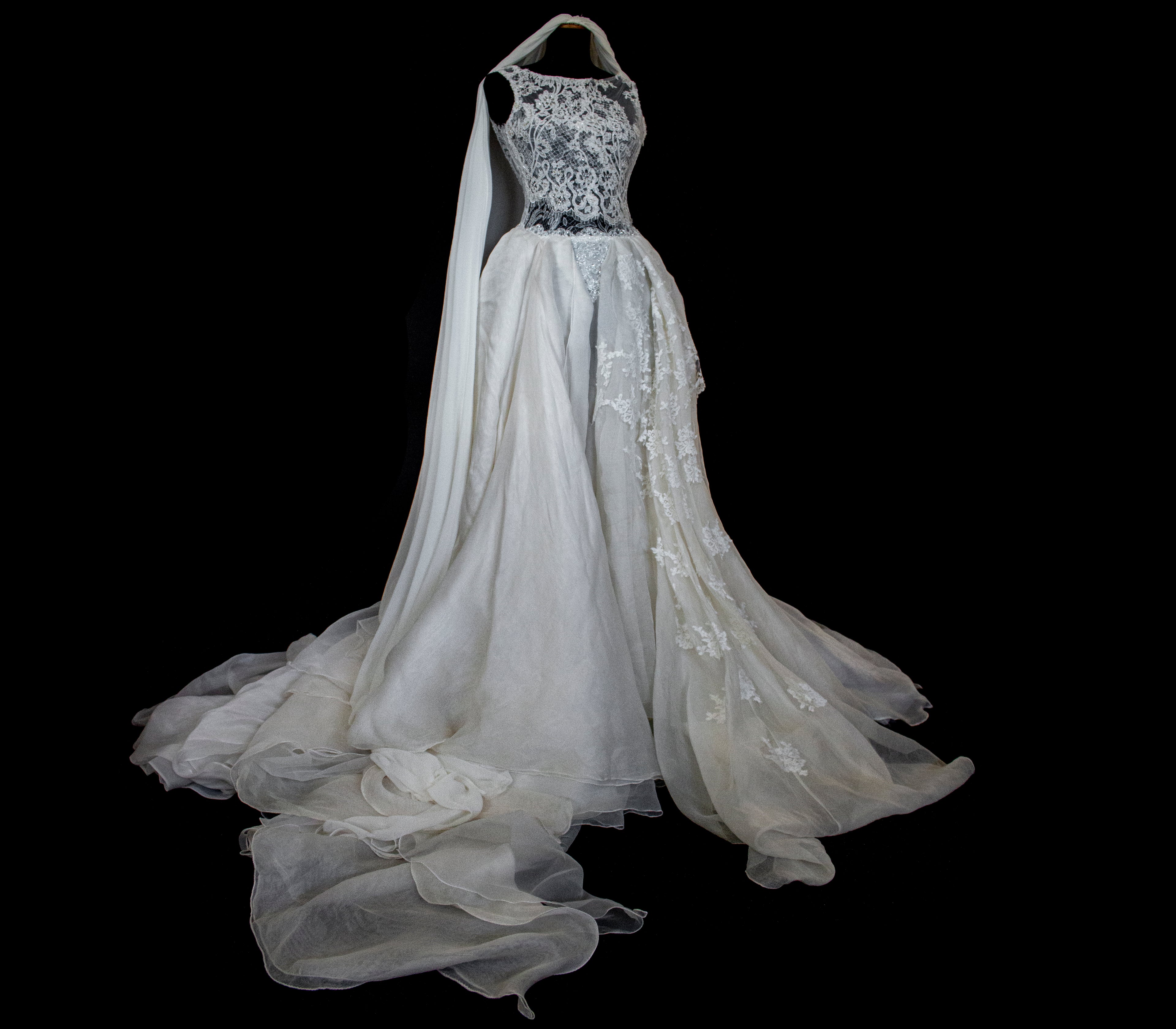 331 - ONE OF A KIND UPCYCLED VINTAGE BRIDAL GOWN: ASYMMETRIC LAYERED SILK CLOUD SKIRT & EMBROIDERED LACE - Vague atelier