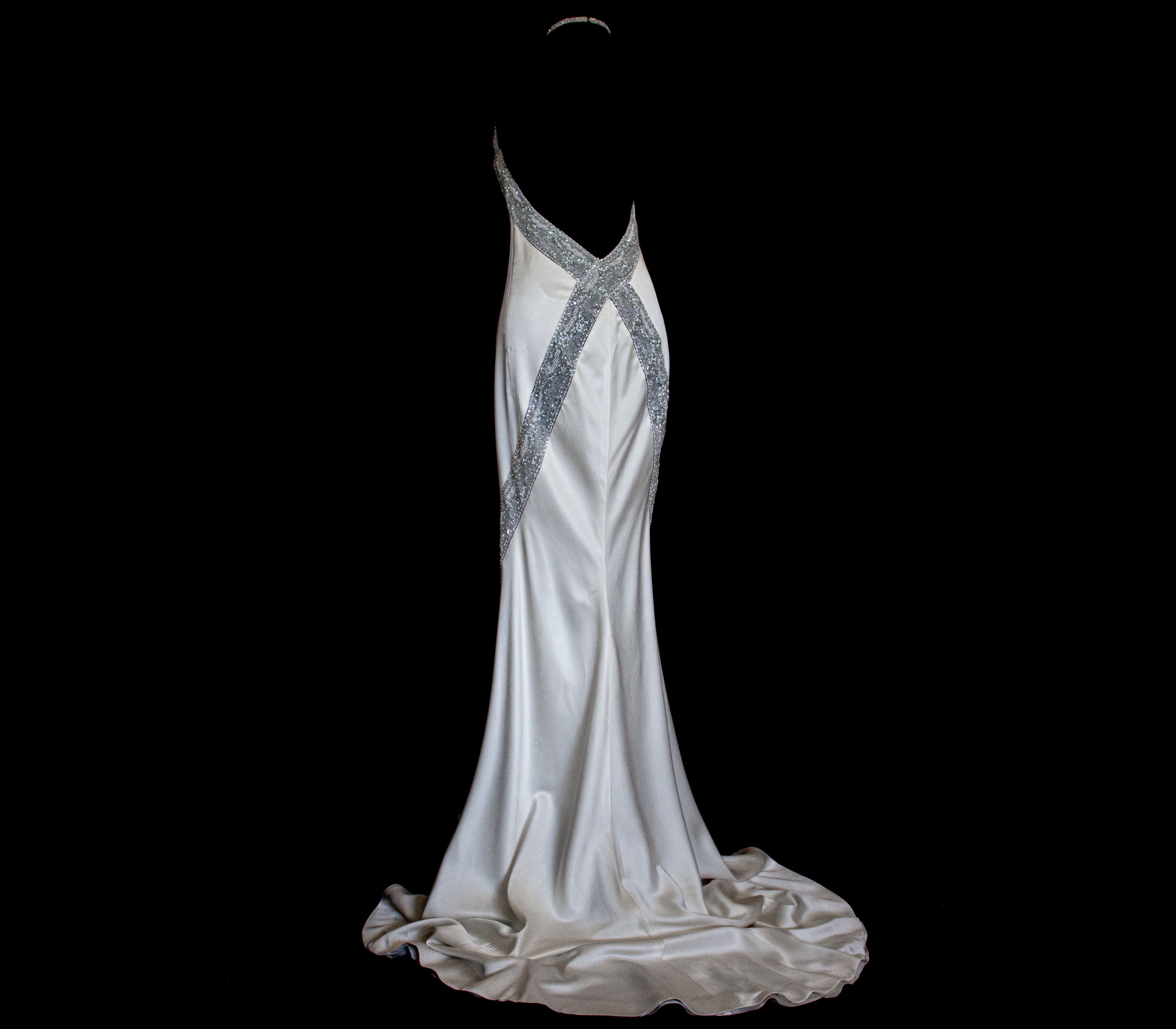 291 - OLD HOLLYWOOD VINTAGE MERMAID BRIDAL GOWN: BACKLESS SILK SATIN & ART DECO SILVER BEADING