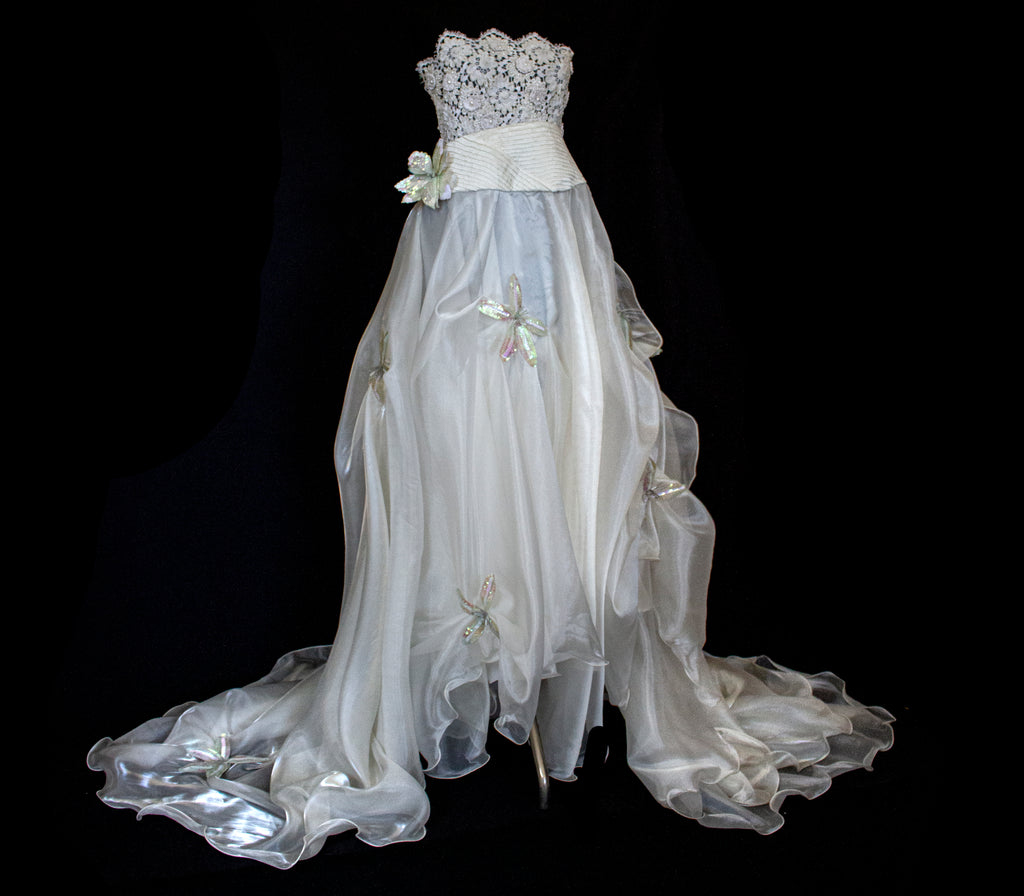 352 - UNIQUE 80S VINTAGE UPCYCLED WEDDING DRESS: EMPIRE WAIST SILK BRIDAL GOWN WITH IRIDESCENT ORGANZA & SEQUIN MAXI FLOWERS - Vague atelier