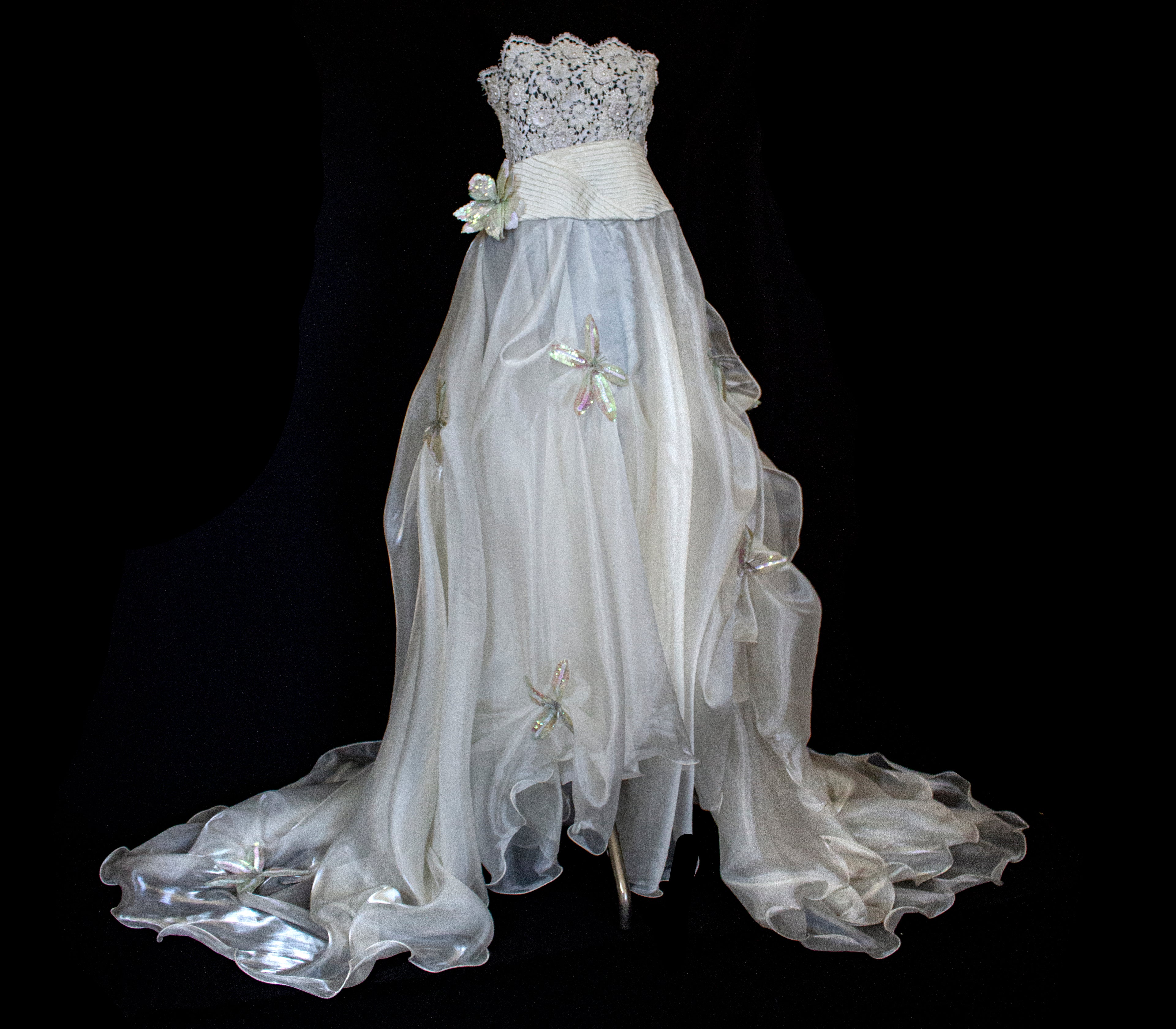 352 - UNIQUE 80S VINTAGE UPCYCLED WEDDING DRESS: EMPIRE WAIST SILK BRIDAL GOWN WITH IRIDESCENT ORGANZA & SEQUIN MAXI FLOWERS - Vague atelier
