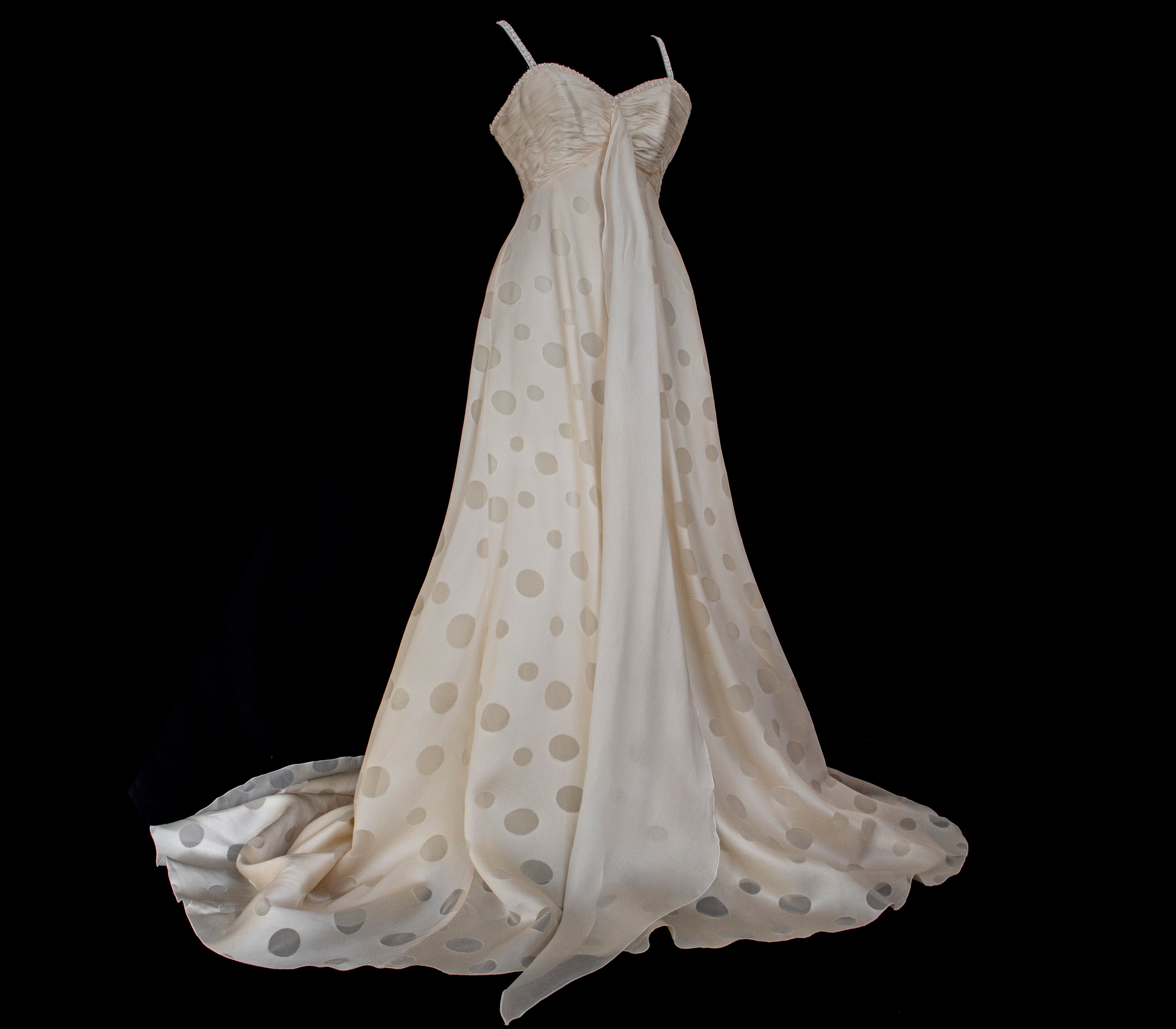338 - IVORY CHAMPAGNE SILK ORGANZA WEDDING DRESS: POLKA / POIS DOT EMPIRE GOWN WITH BEADED STRAPS & FULL CIRCLE TRAIN