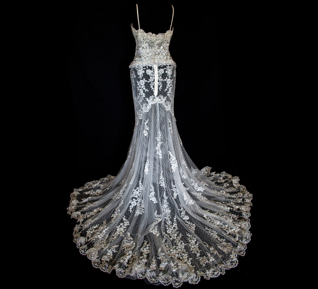 239 - VINTAGE OFF-WHITE MERMAID SWAROVSKI WEDDING DRESS: GOWN WITH NUDE POLKA DOT TULLE & SILVER FLORAL EMBROIDERY