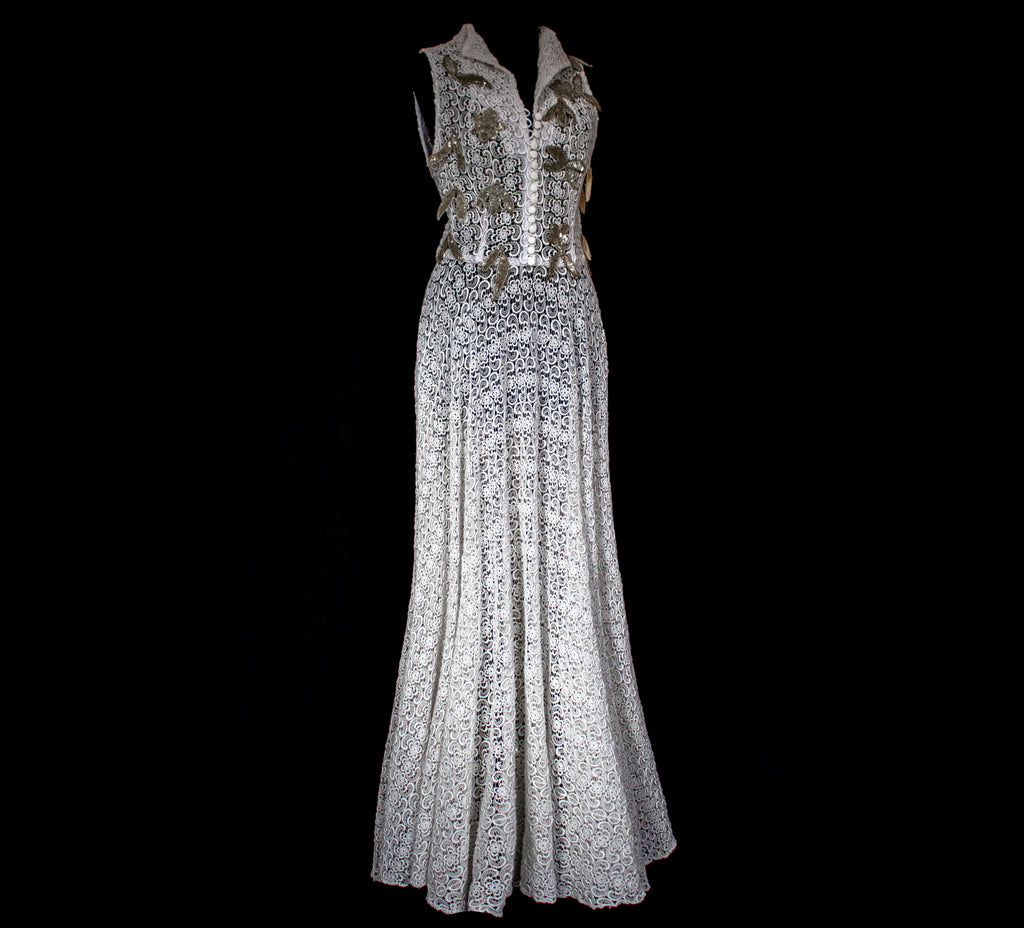 265 - RARE BOHO VINTAGE MACRAMÉ LACE SHIRT-DRESS: SOPHISTICATED CHEMISIER BRIDAL GOWN WITH SILVER SEQUINS - Vague atelier