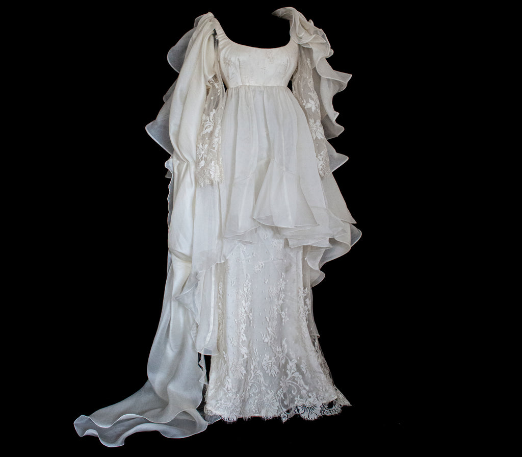 340 - OFF-WHITE SILK ORGANZA & ECRU LACE UPCYCLED WEDDING DRESS: UNIQUE EMPIRE GOWN WITH PLEATED WINGS