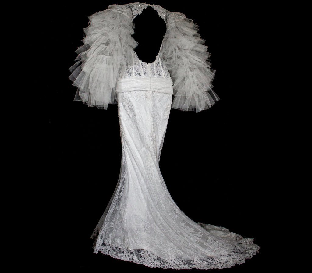 281 - SENSUAL BACKLESS BRIDAL GOWN: NUDE EFFECT EMBROIDERY & VAPOROUS TULLE RUFFLE SLEEVES